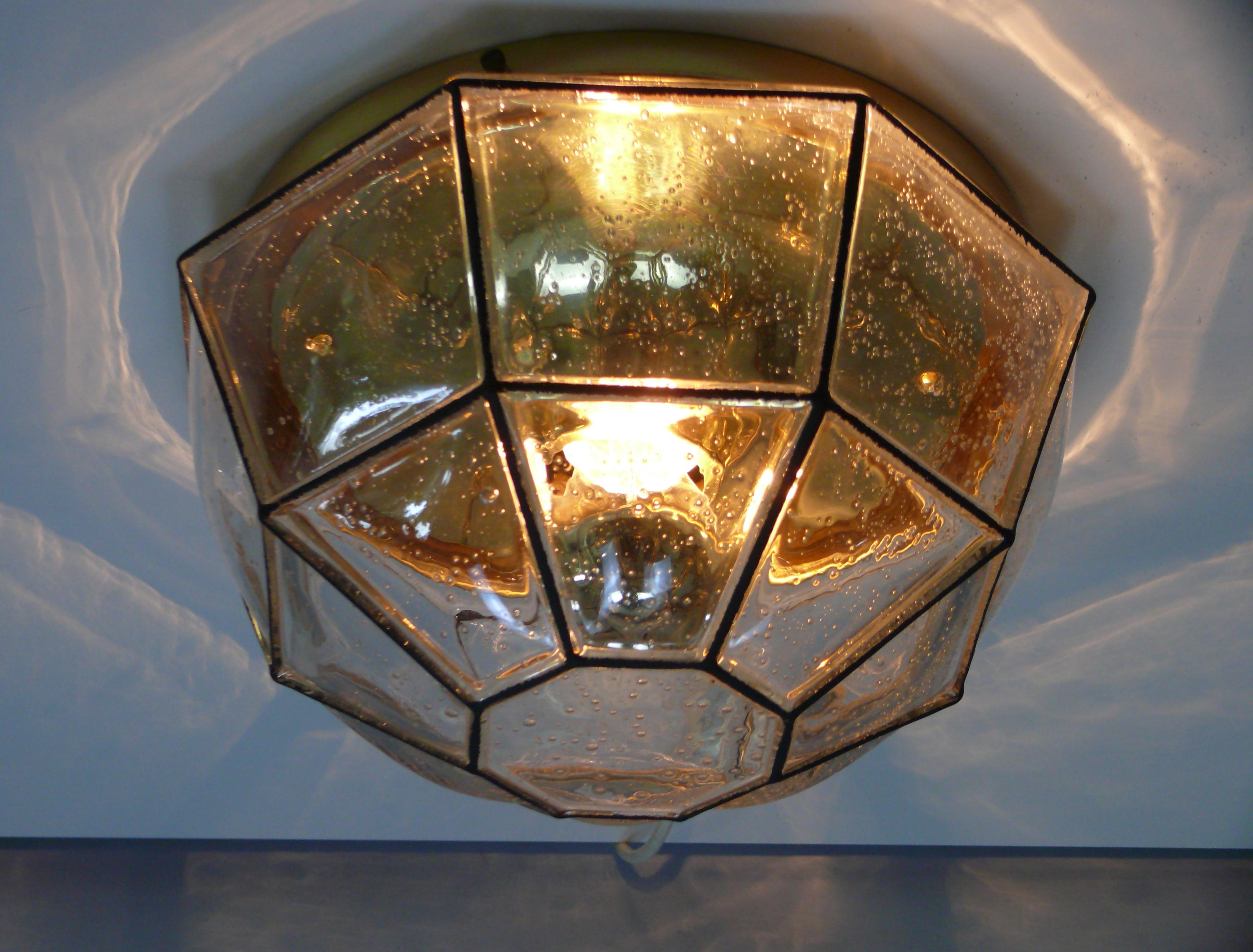 Metal Flush Mount, Glass-Brass, Made by Glashütte Limburg, 1970s For Sale