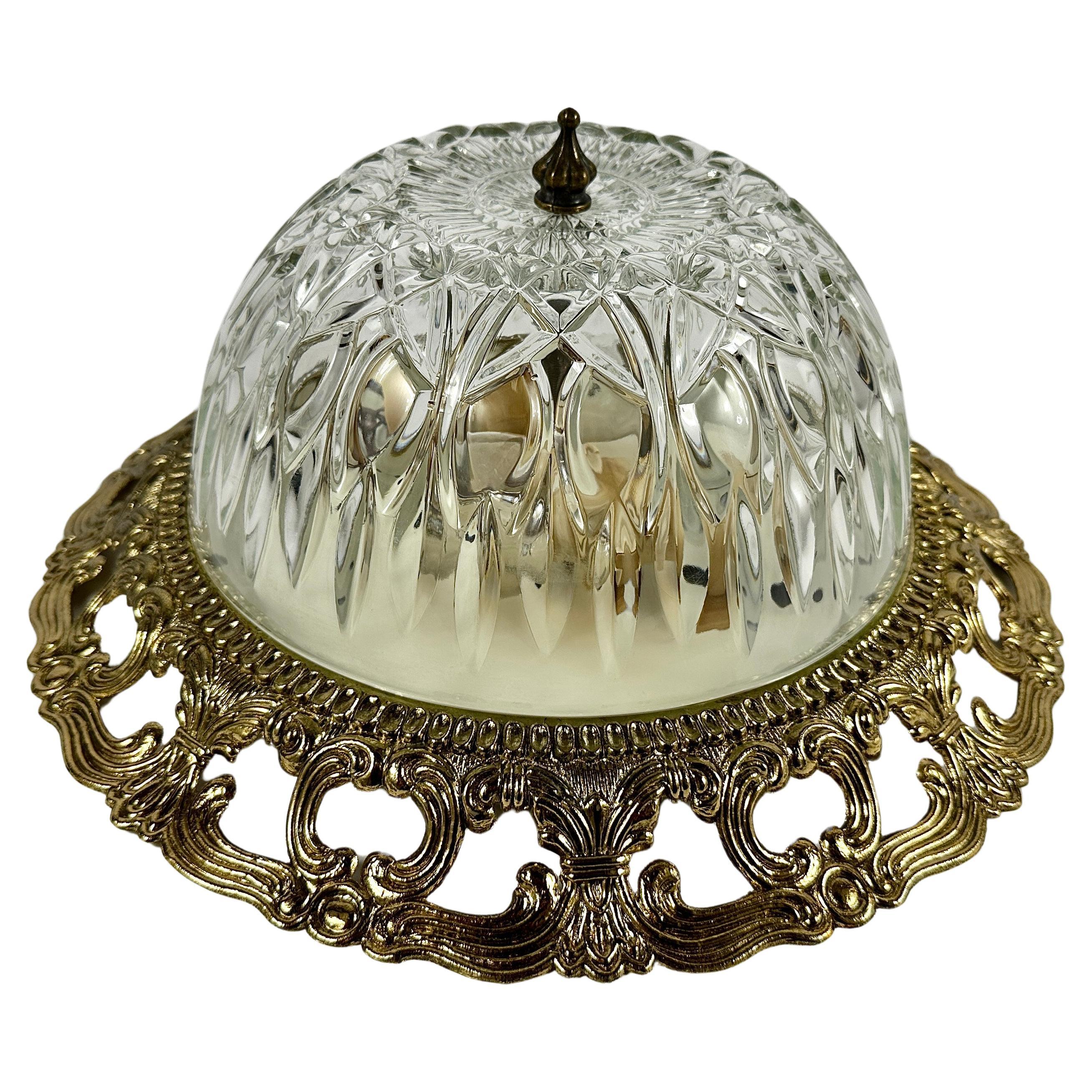 Flush Mount Glass Light Fixture with Bronze Trim, Vintage