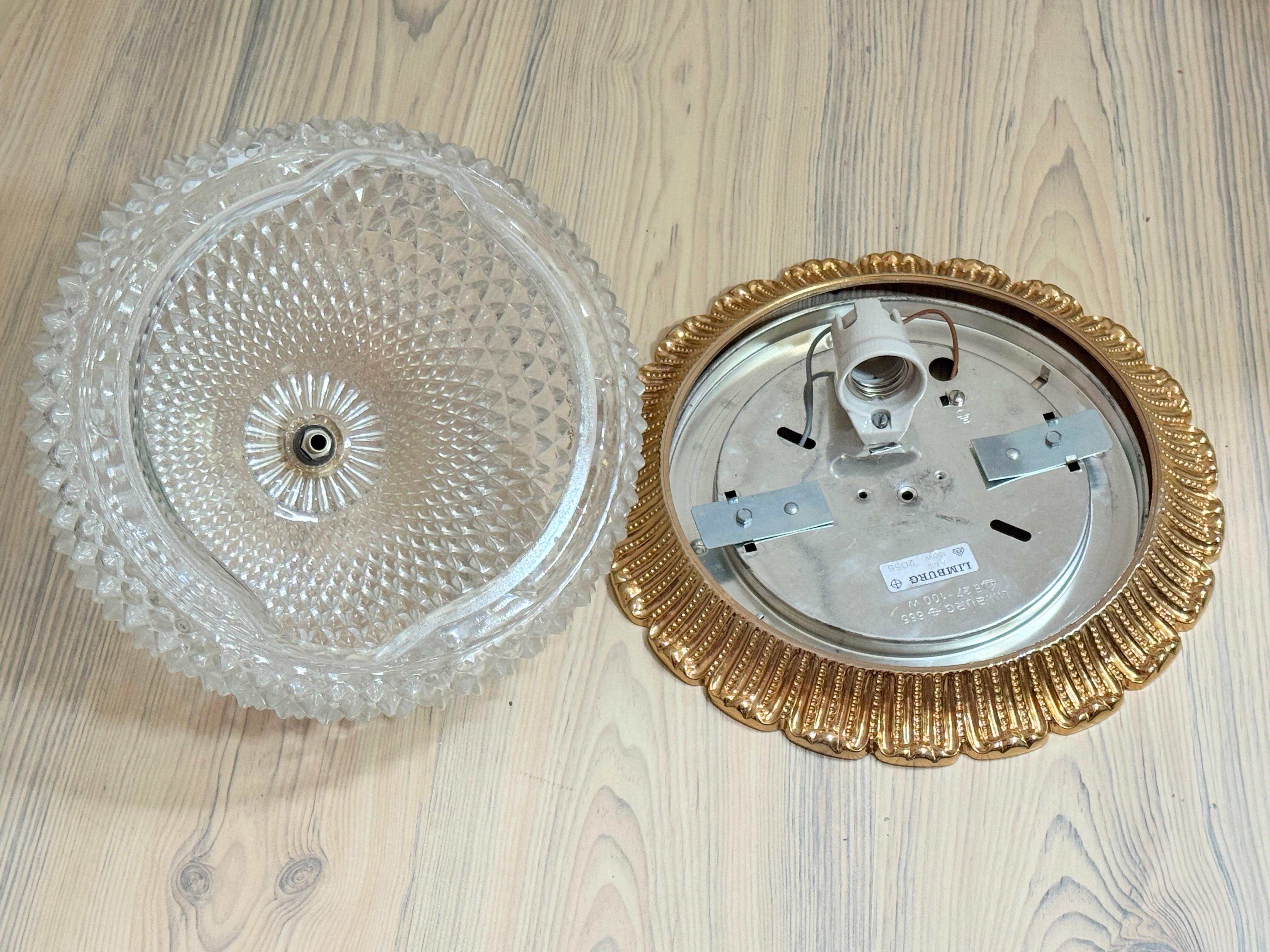 Flush Mount Gold-Plated Base, Glashütte Limburg Hollywood Regency Style 1960s For Sale 13
