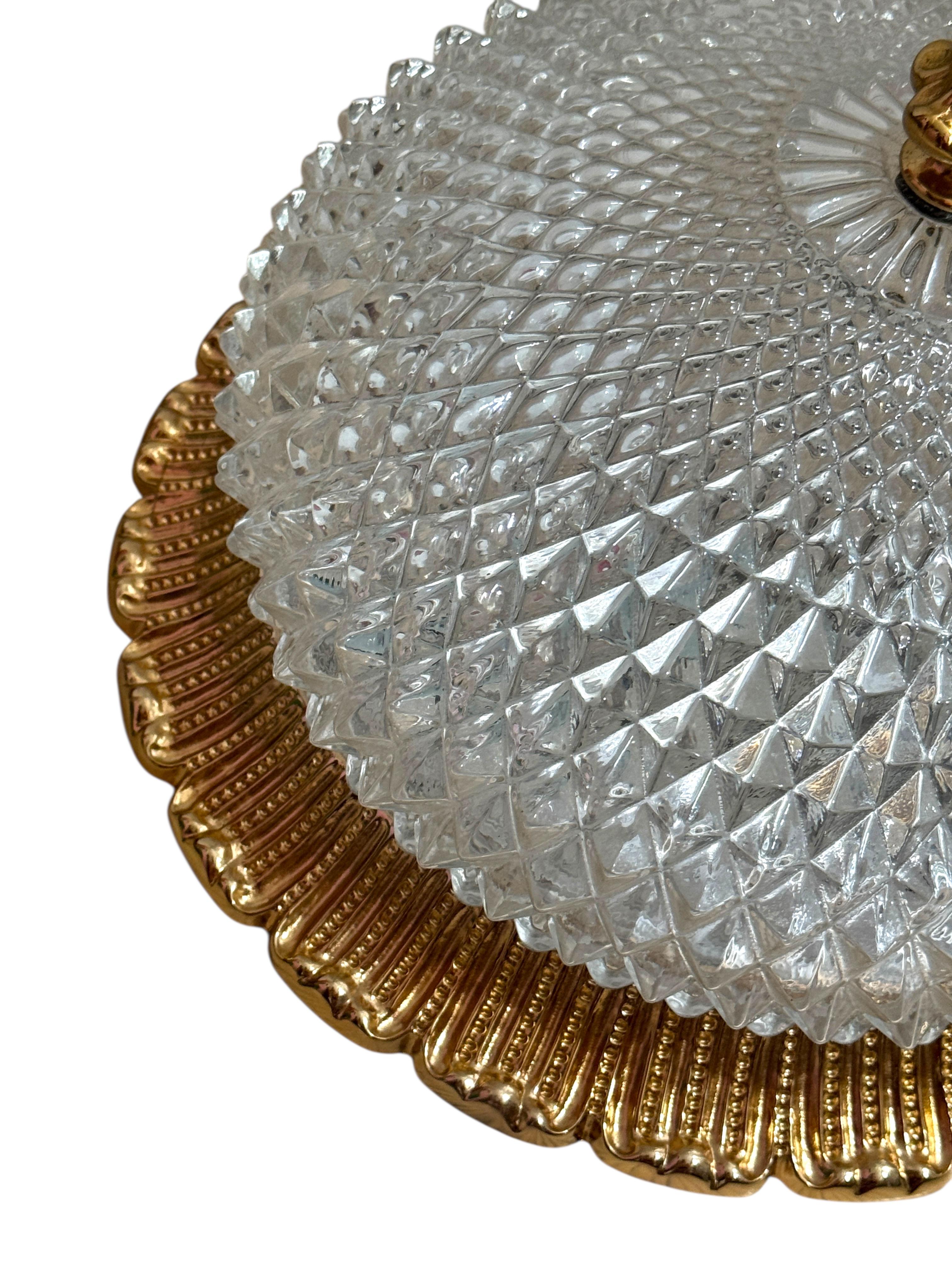 Mid-Century Modern Flush Mount Gold-Plated Base, Glashütte Limburg Hollywood Regency Style 1960s For Sale