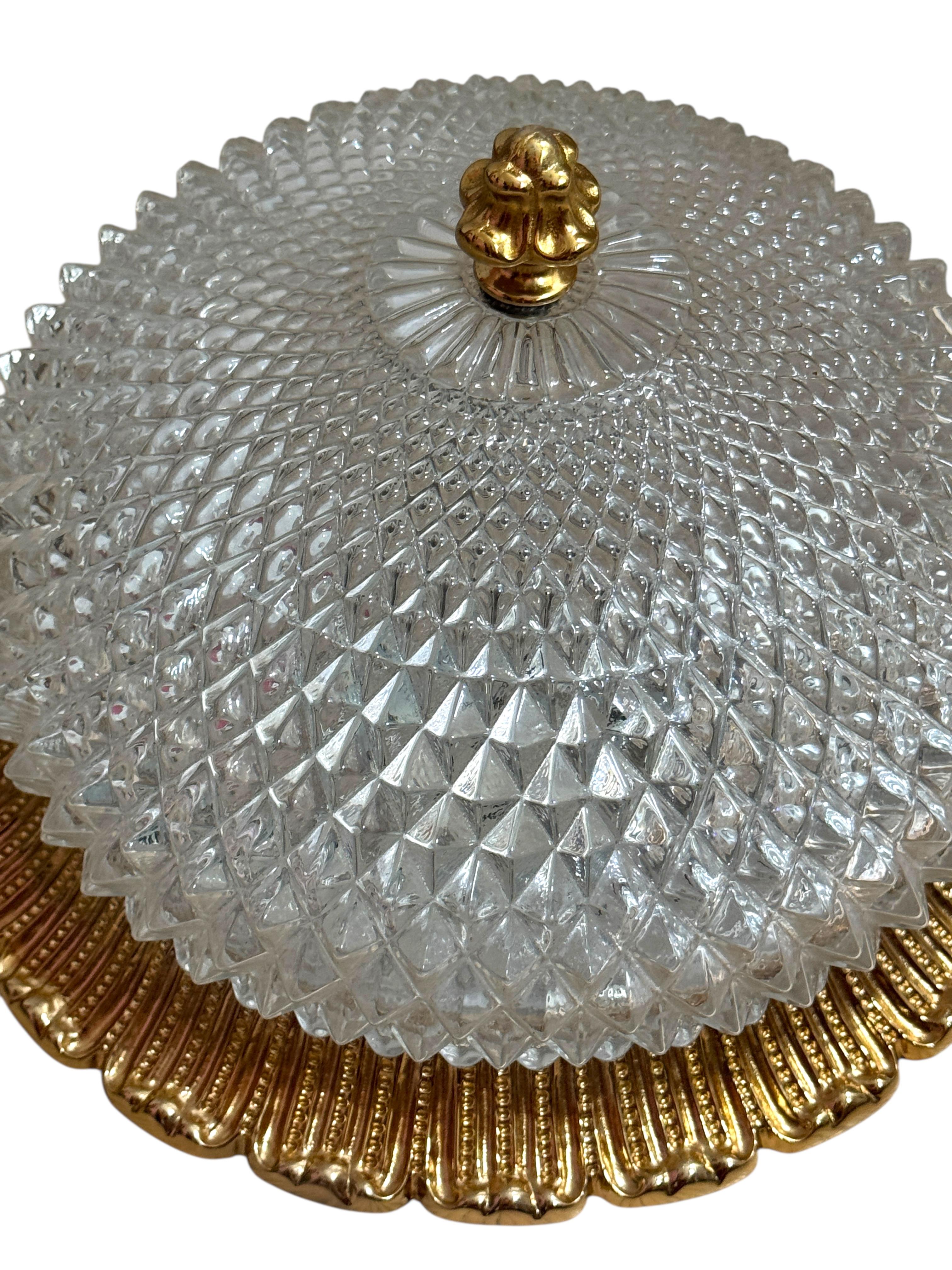 German Flush Mount Gold-Plated Base, Glashütte Limburg Hollywood Regency Style 1960s For Sale