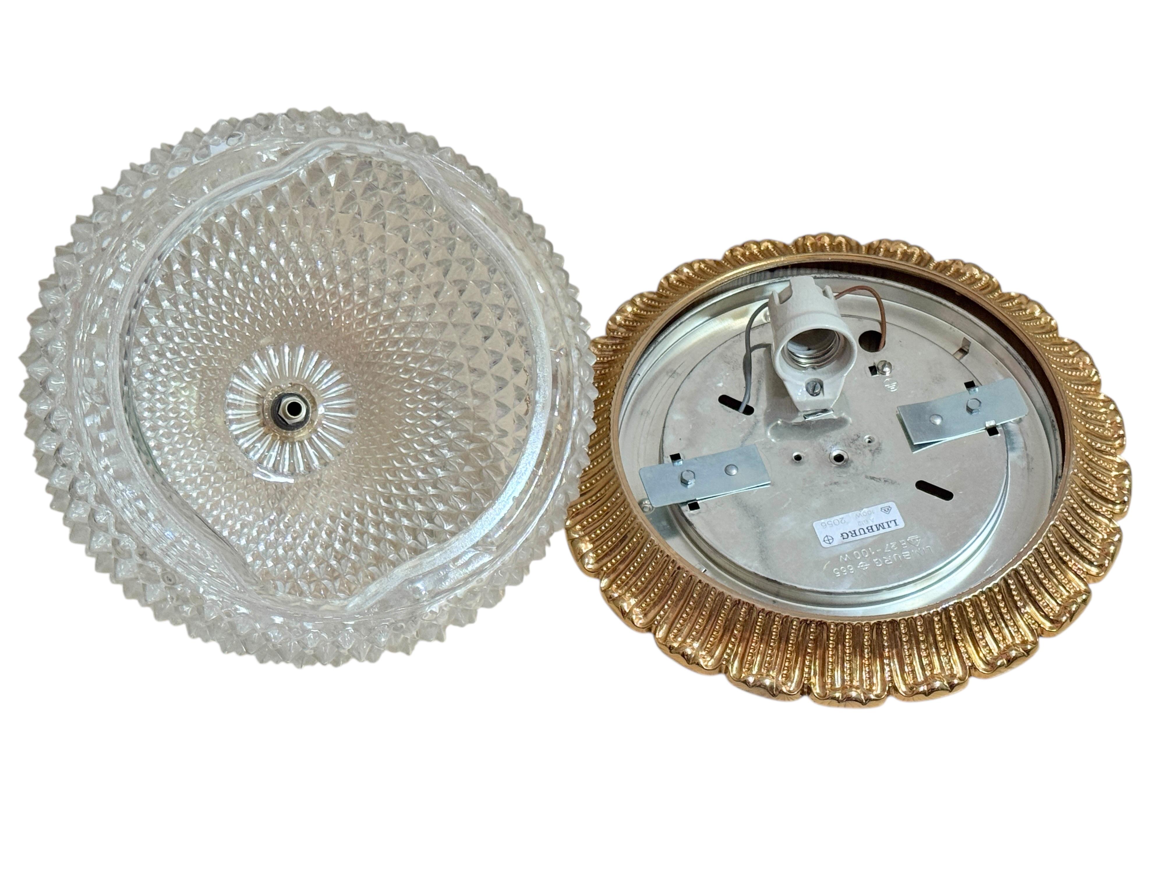 Mid-20th Century Flush Mount Gold-Plated Base, Glashütte Limburg Hollywood Regency Style 1960s For Sale