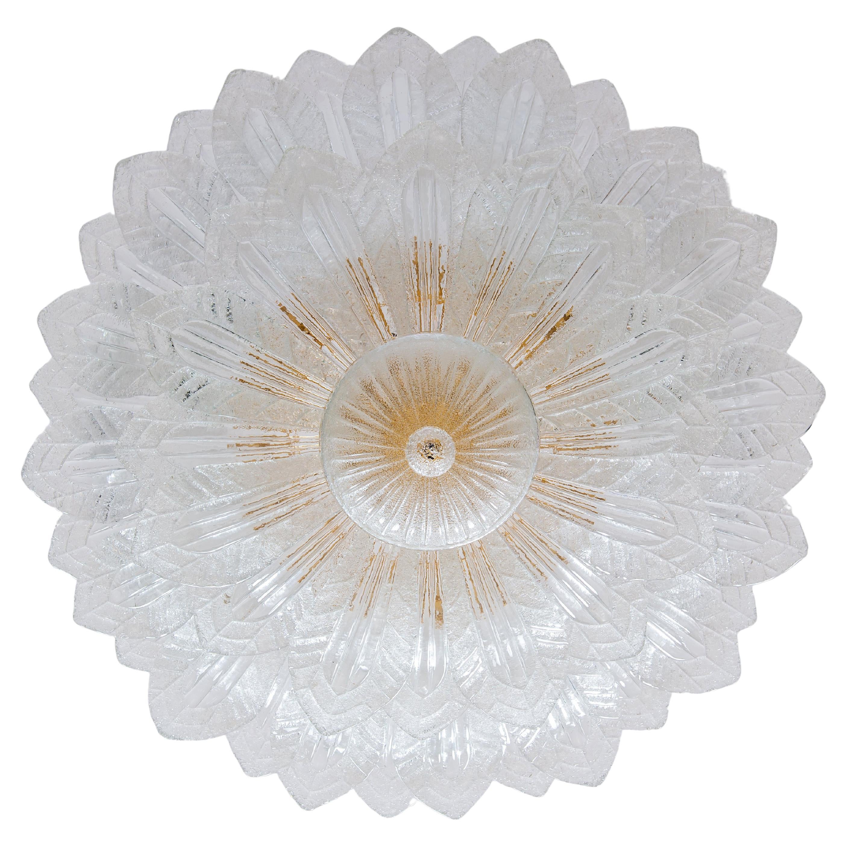 Flush Mount in Murano Glass Sandblasted Leaves and Sunken Gold Italy 1990s