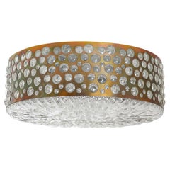 Flush Mount Light Fixture by Rupert Nikoll, Textured Glass Patinated Brass, 1960