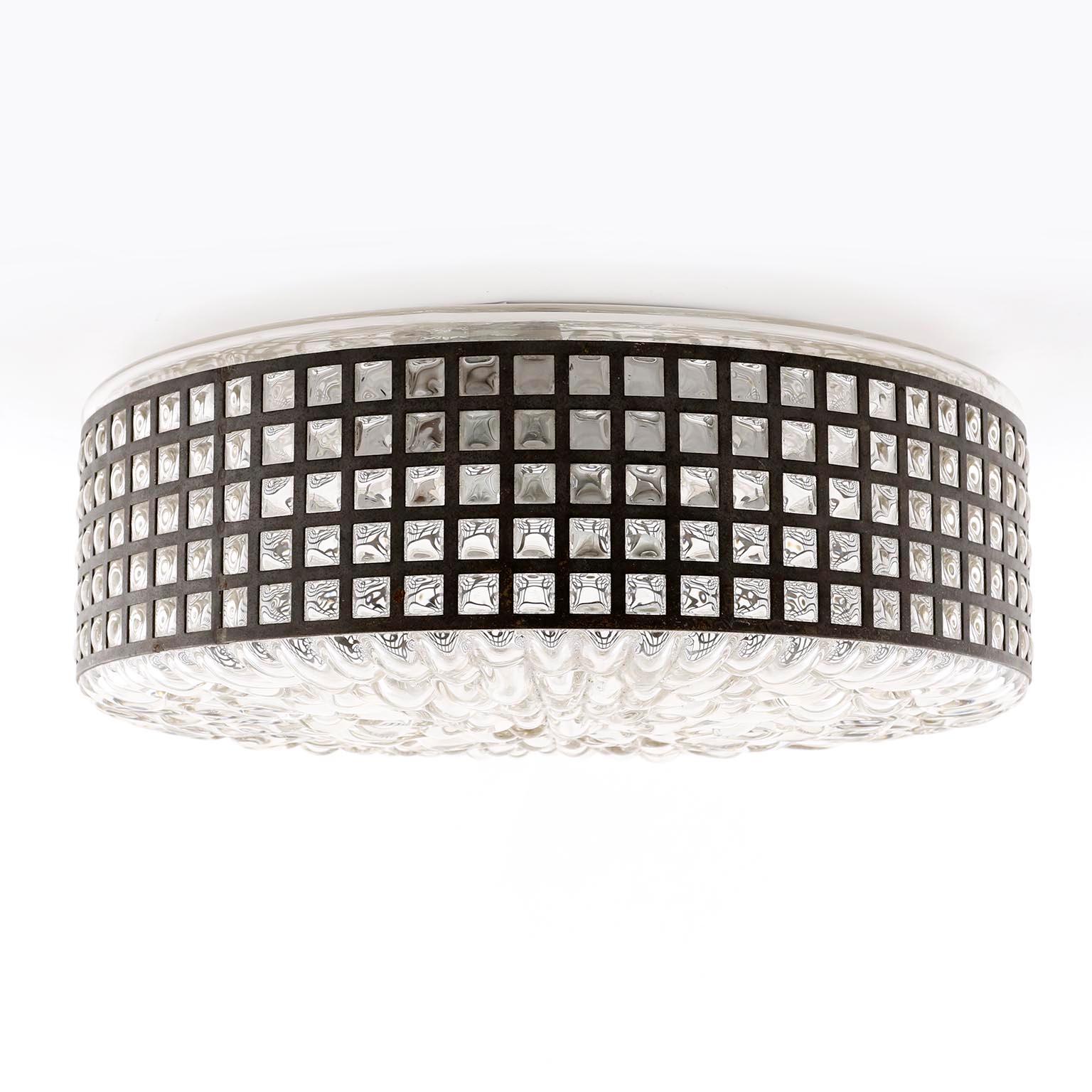 Mid-Century Modern Flush Mount Light by Rupert Nikoll, Textured Glass Patinated Metal, 1950, 1 of 2 For Sale