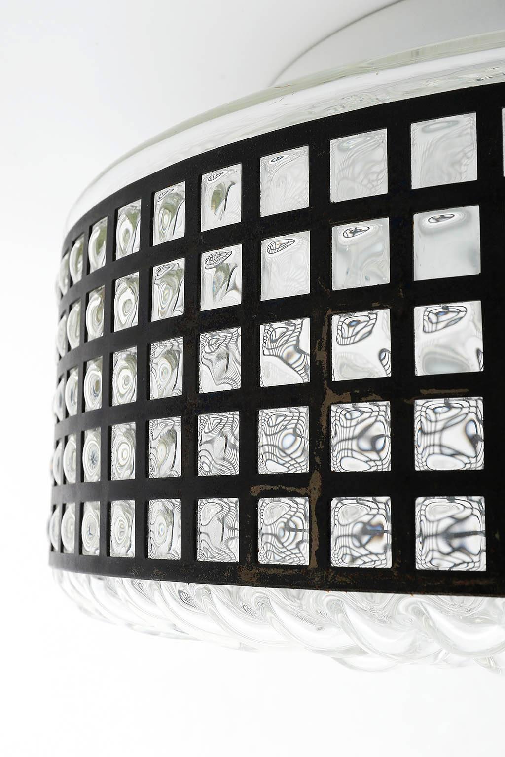 Flush Mount Light by Rupert Nikoll, Textured Glass Patinated Metal, 1950, 1 of 2 For Sale 1