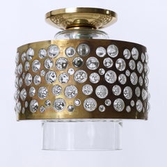 Flush Mount Light Fixture, Patinated Brass and Bubble Glass, Rupert Nikoll, 1960