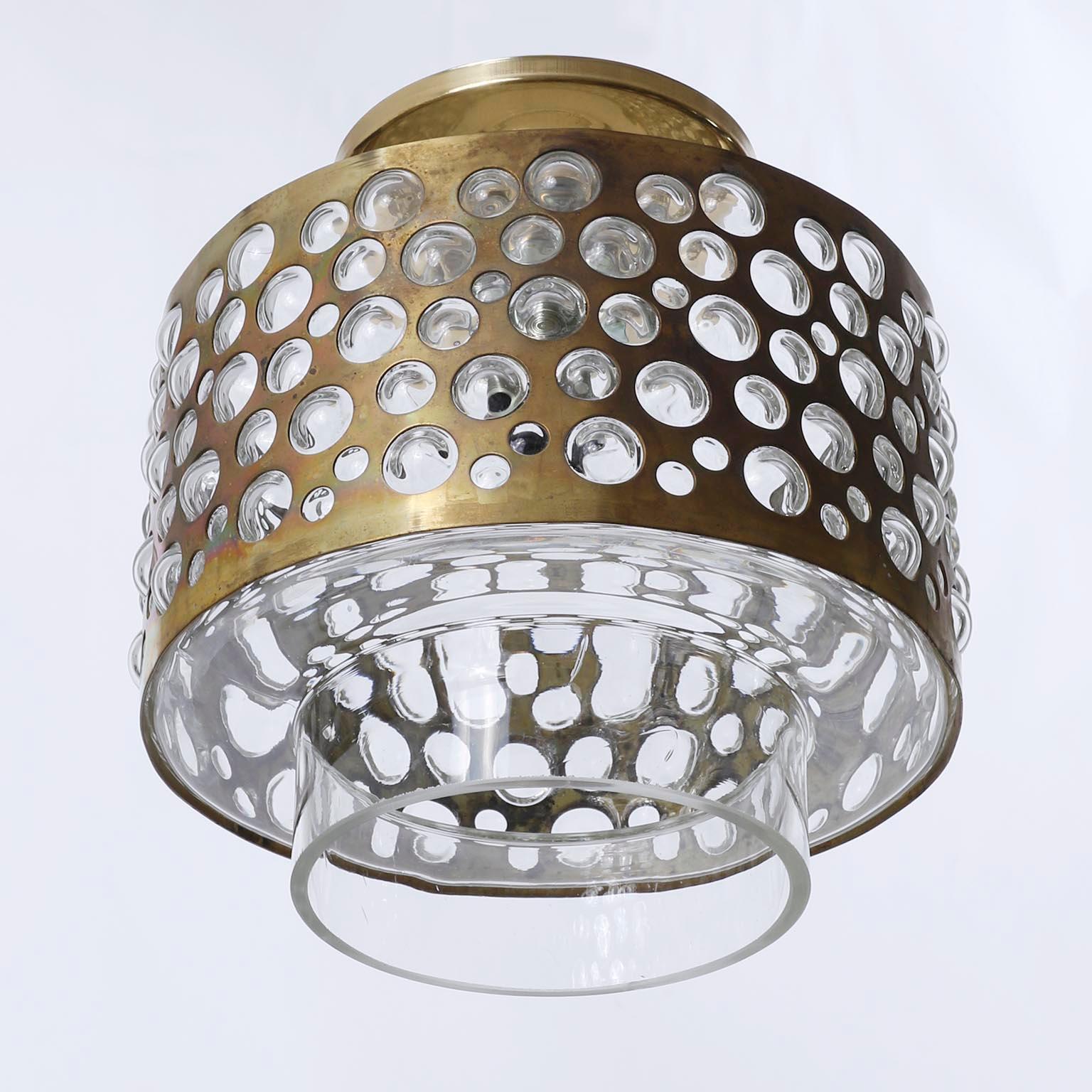 Mid-20th Century Flush Mount Light Fixture, Patinated Brass and Bubble Glass, Rupert Nikoll, 1960 For Sale