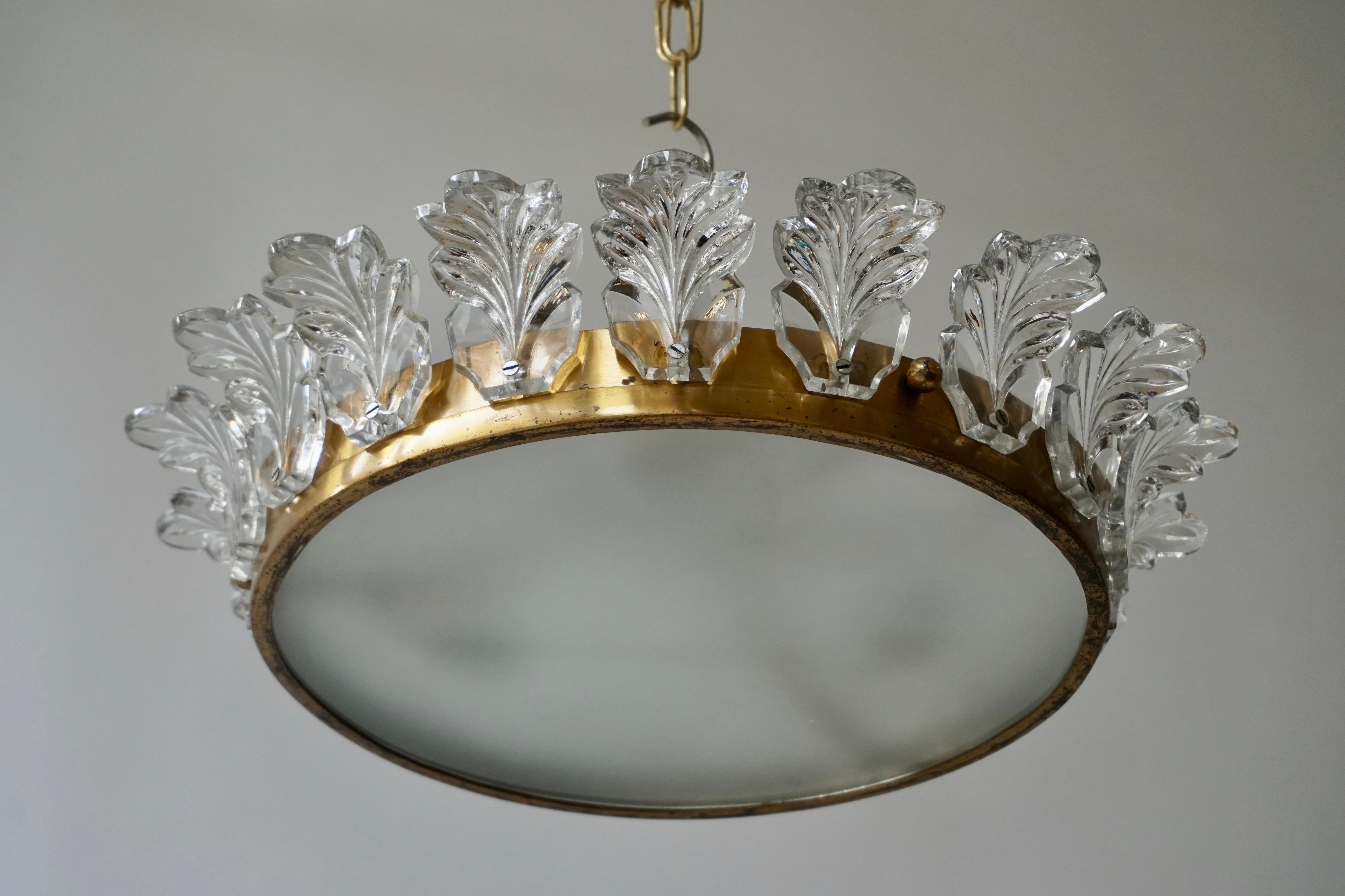 Mid-Century Modern Flush Mount Light in Brass and Glass For Sale