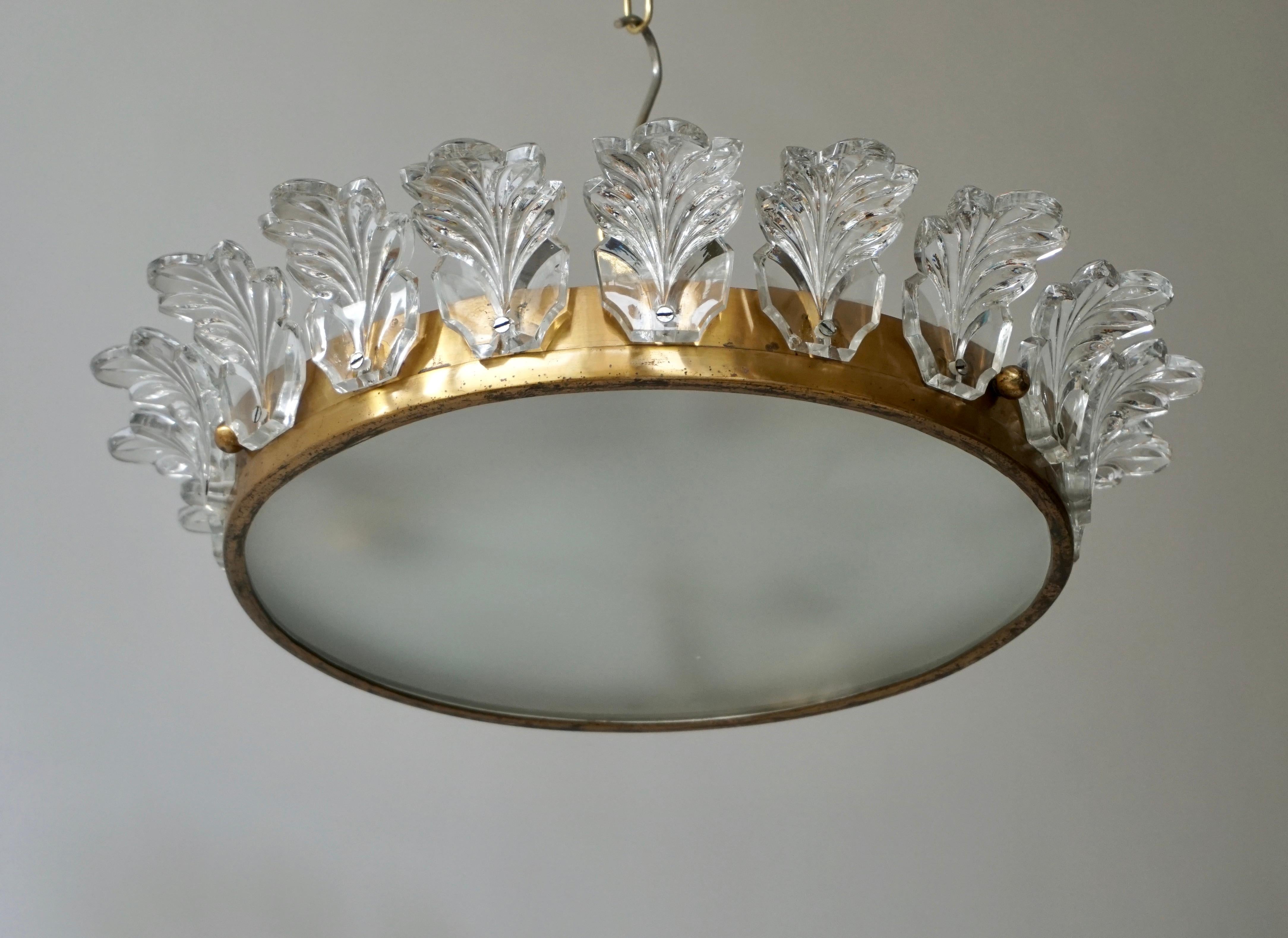 Italian Flush Mount Light in Brass and Glass For Sale