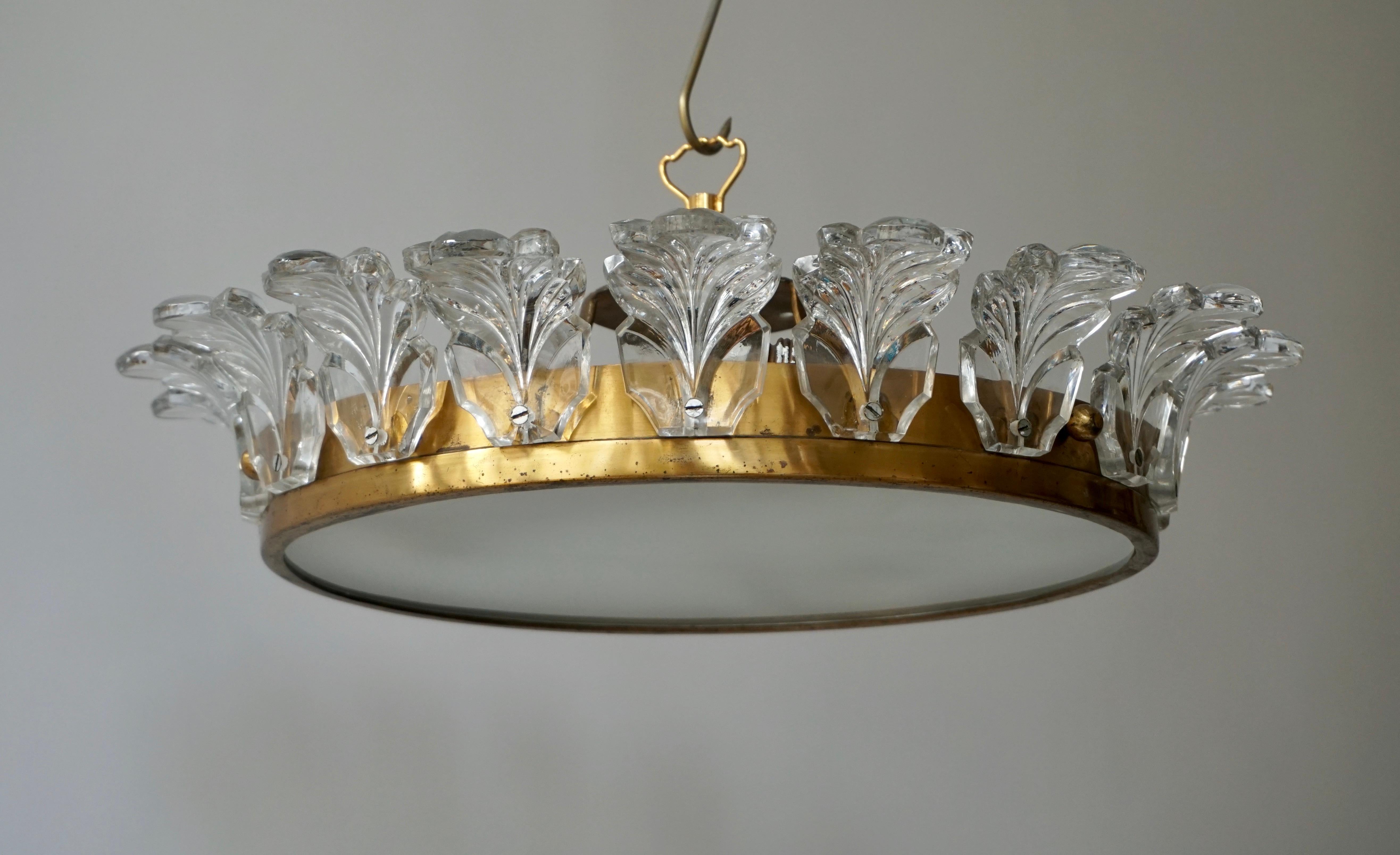 Flush Mount Light in Brass and Glass In Good Condition In Antwerp, BE