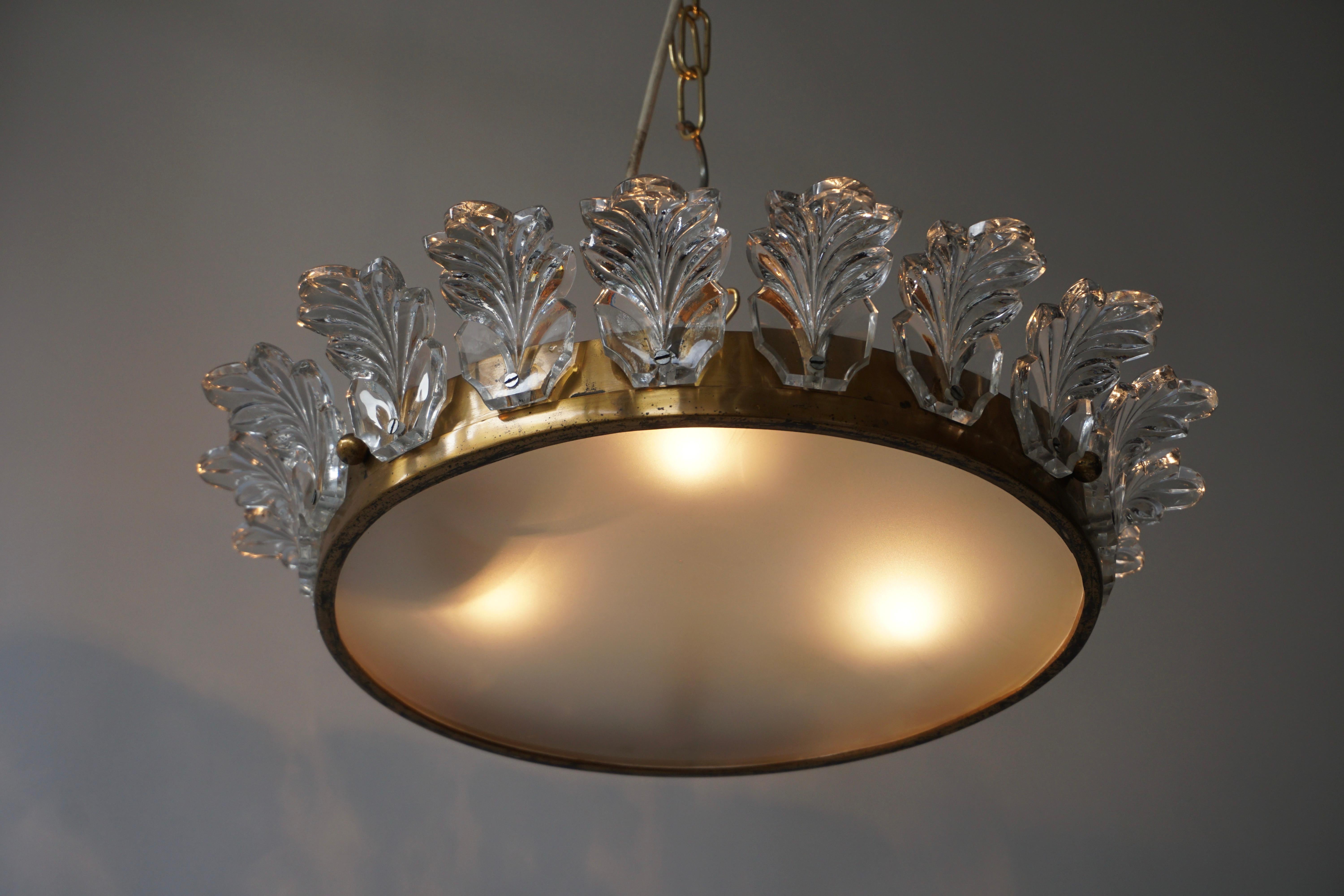 20th Century Flush Mount Light in Brass and Glass For Sale