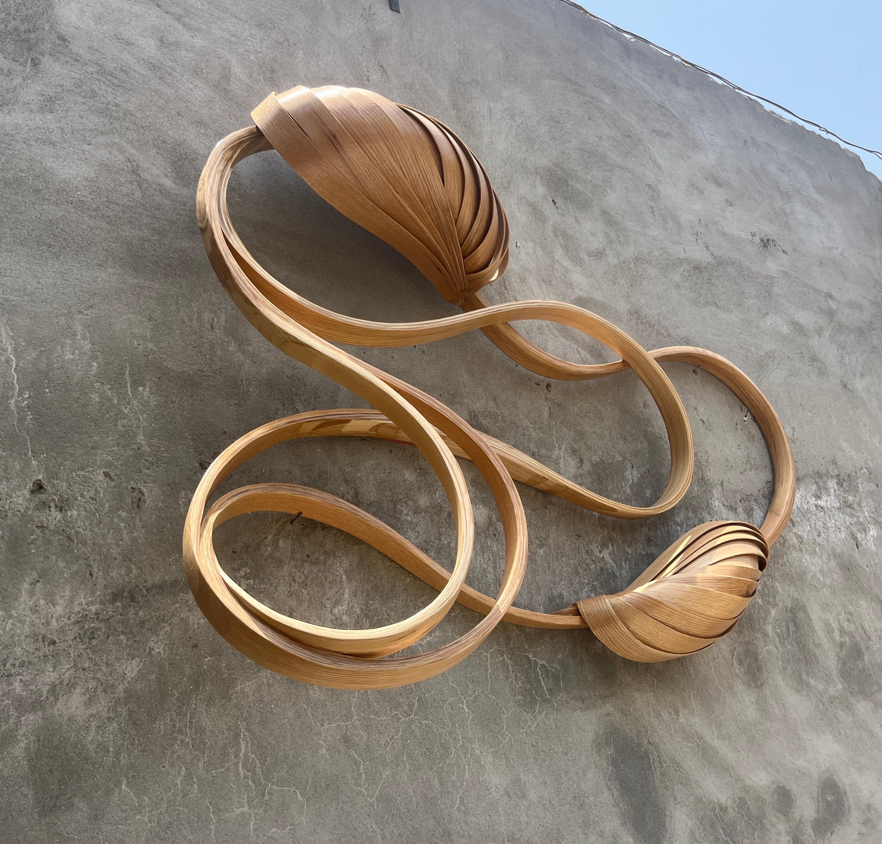 Asian Flush Mount Light No. 4 by Raka Studio - Bent Wood - Red Oak For Sale