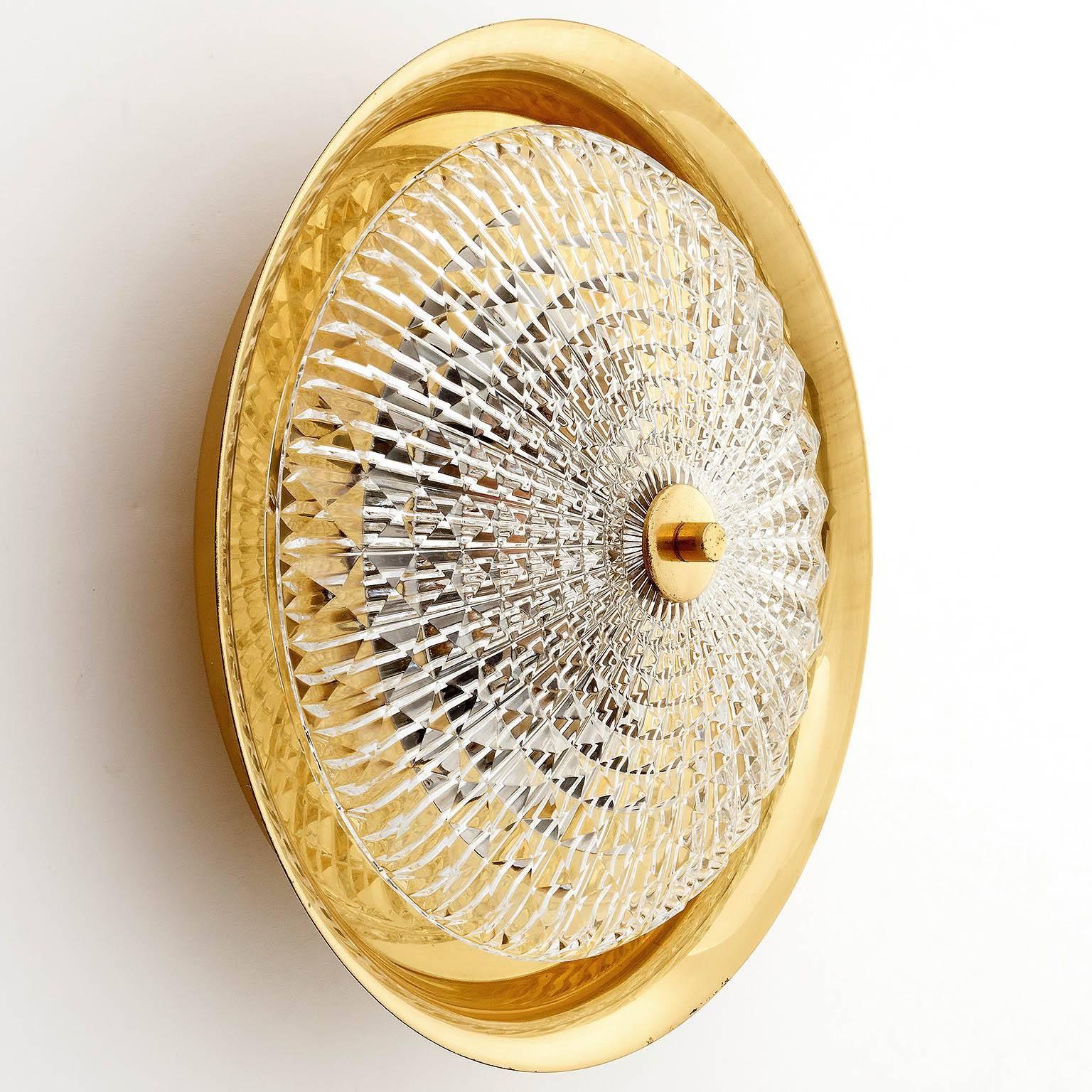 Mid-20th Century Flush Mount Light or Sconce, Carl Fagerlund Orrefors, Brass Glass, Sweden, 1960s For Sale