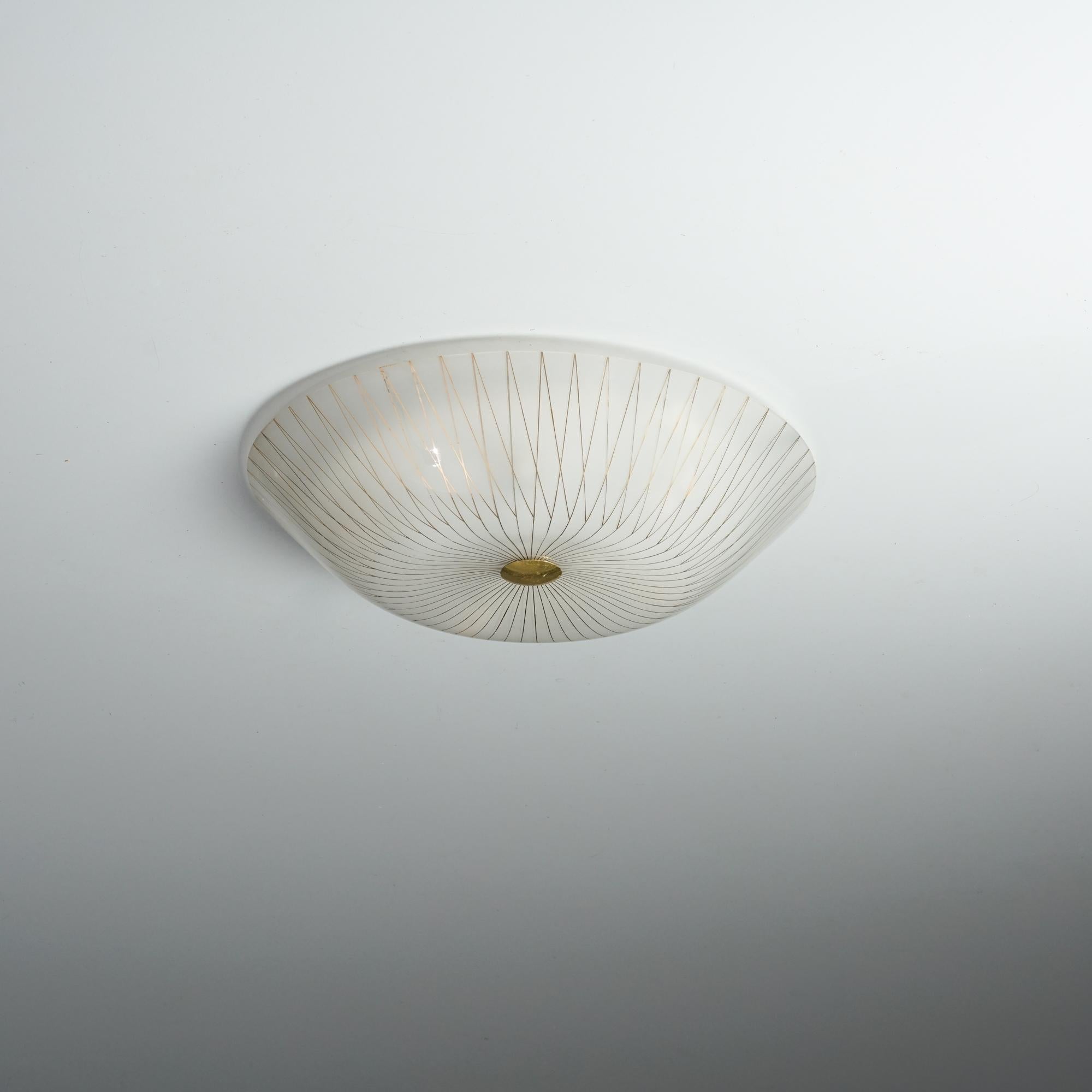 Flush mount, designed by Lisa Johansson-Pape, manufactured by Orno Oy, 1950/1960s. Frosted glass with hand painted decorations, brass detail. Good vintage condition, minor patina consistent with age and use.