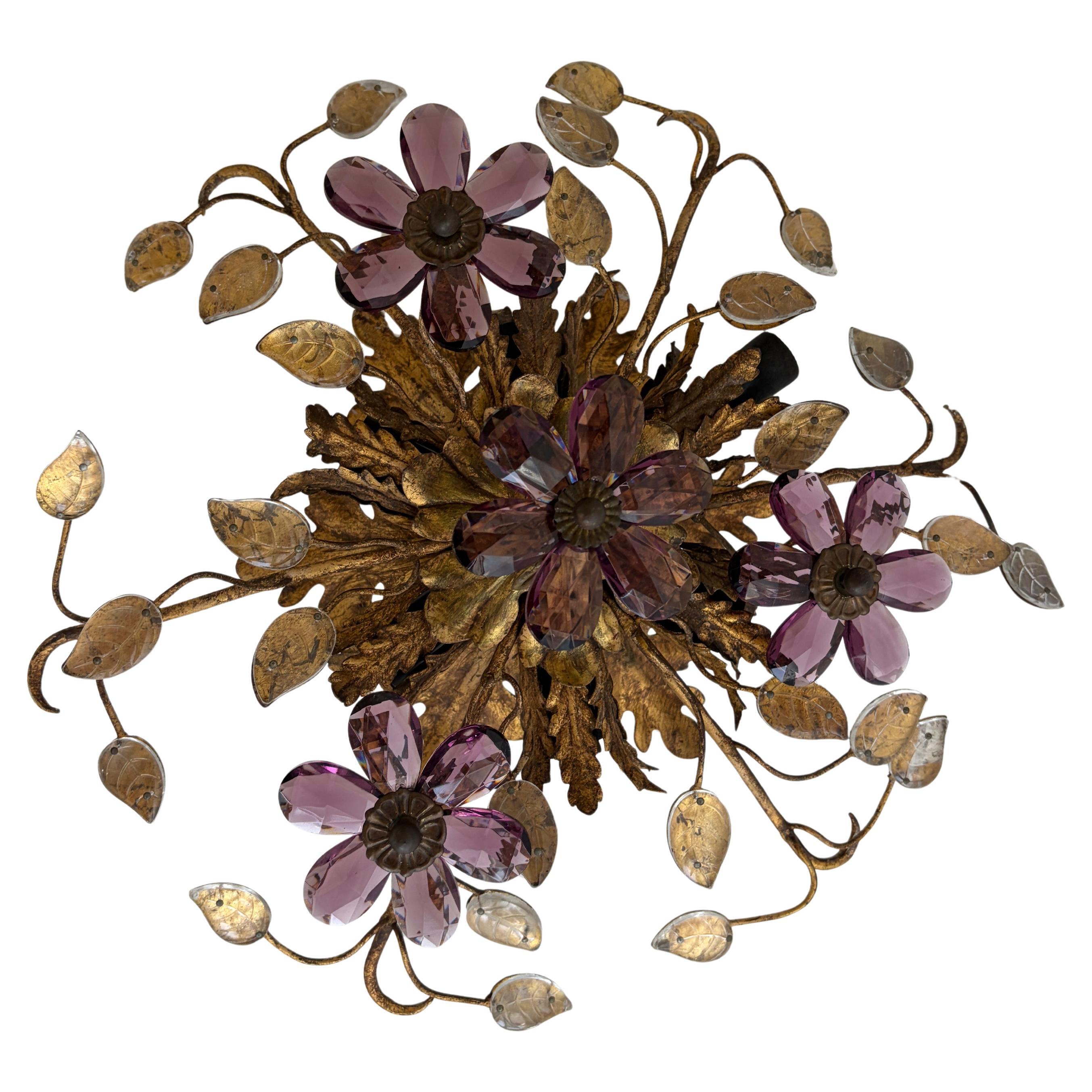 Flush Mount Maison Baguès Kristall Amethyst Blumen Blätter Kronleuchter 6 Lichter