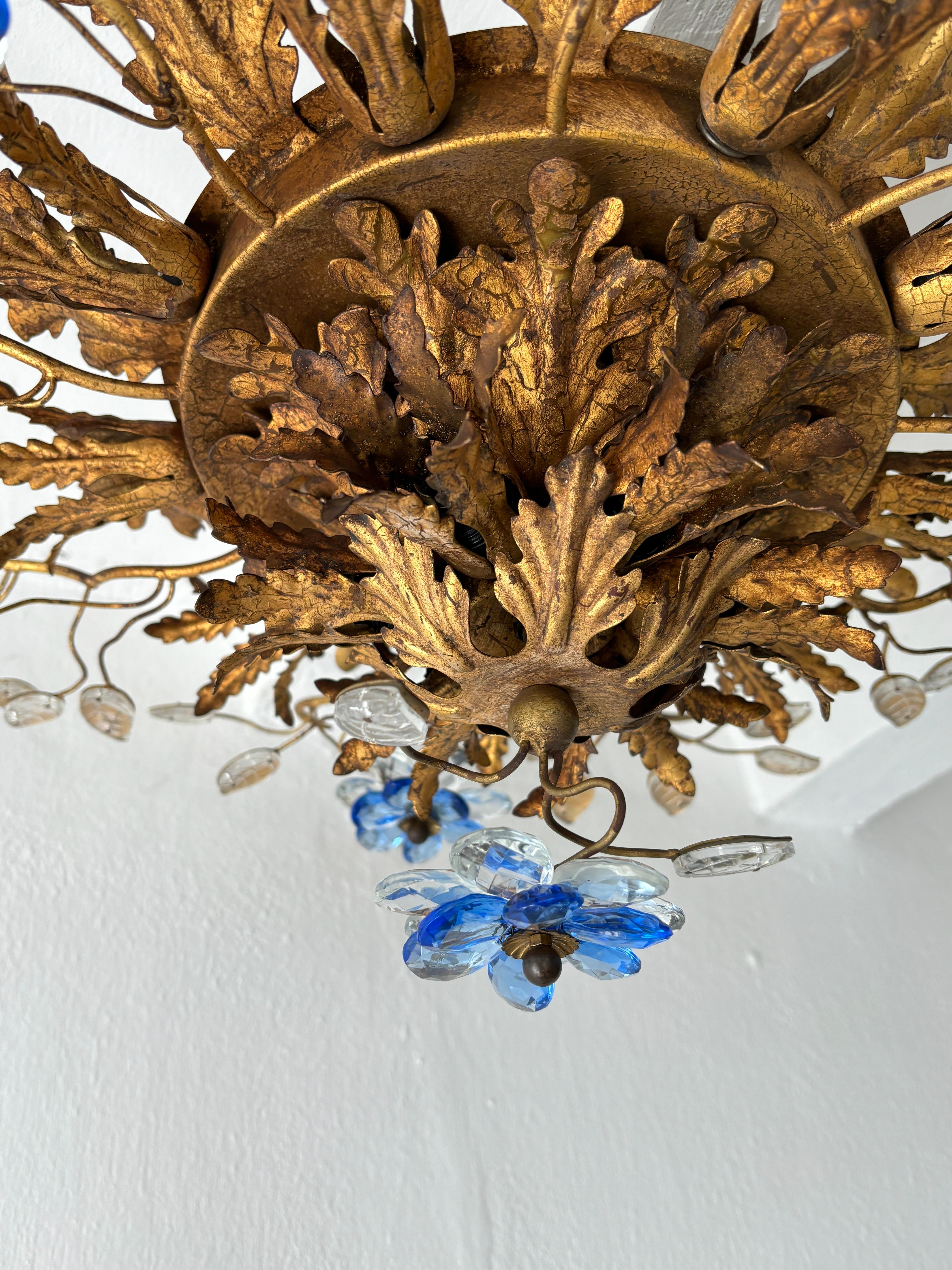 Flush Mount Maison Baguès Crystal Blue Flowers Leaves Chandelier 15 Light Signed For Sale 5