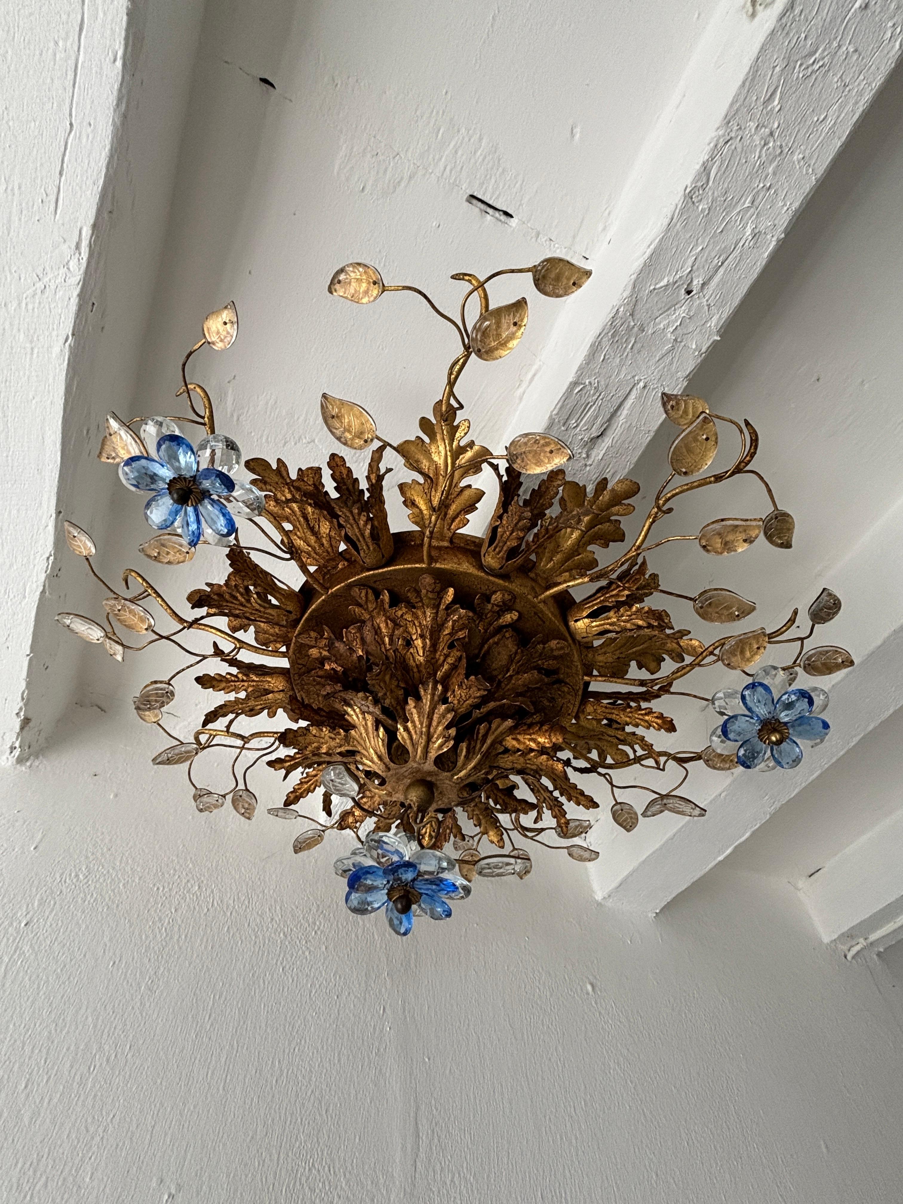 Flush Mount Maison Baguès Crystal Blue Flowers Leaves Chandelier 15 Light Signed In Good Condition For Sale In Firenze, Toscana