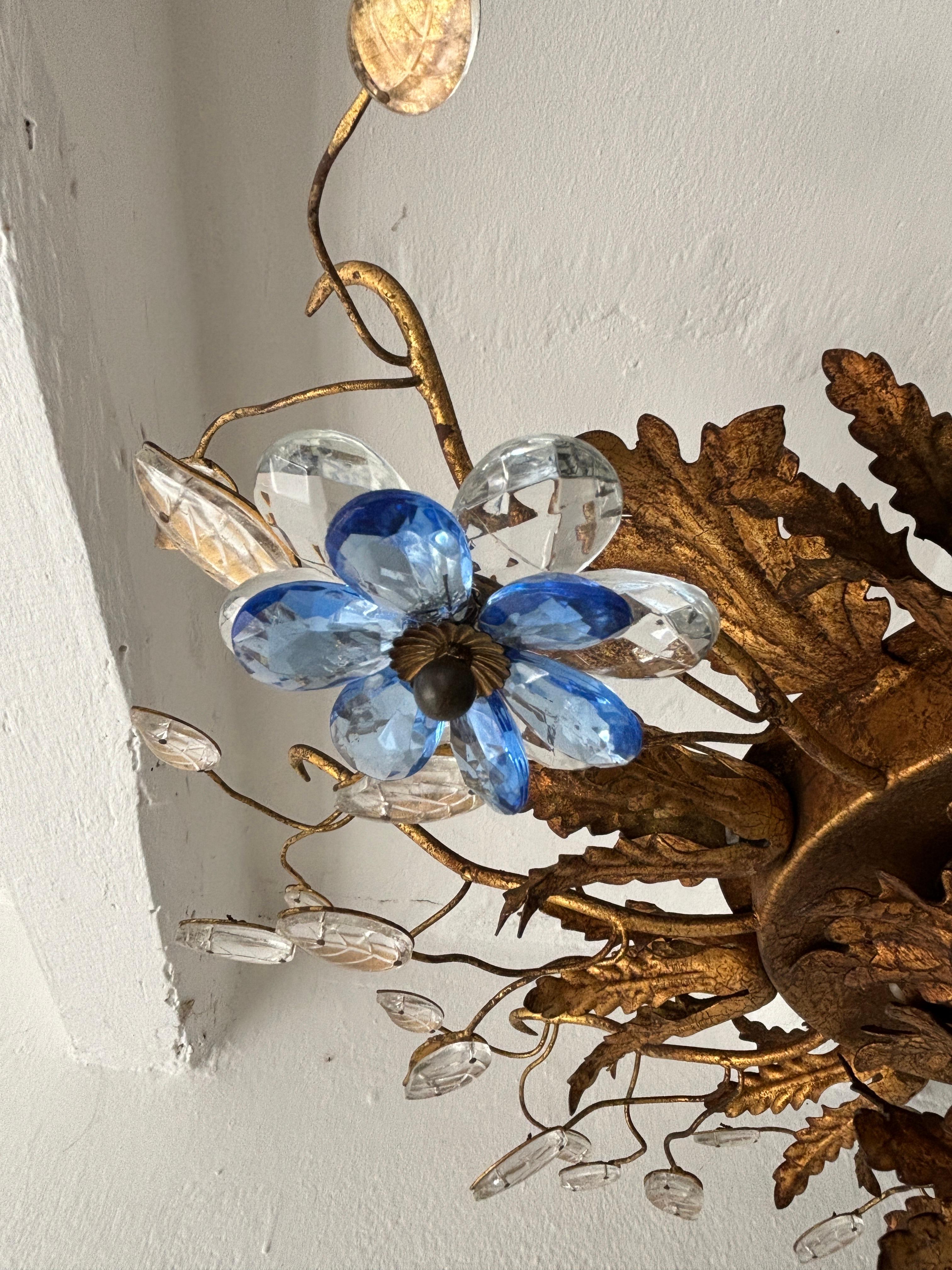 Flush Mount Maison Baguès Crystal Blue Flowers Leaves Chandelier 15 Light Signed For Sale 1