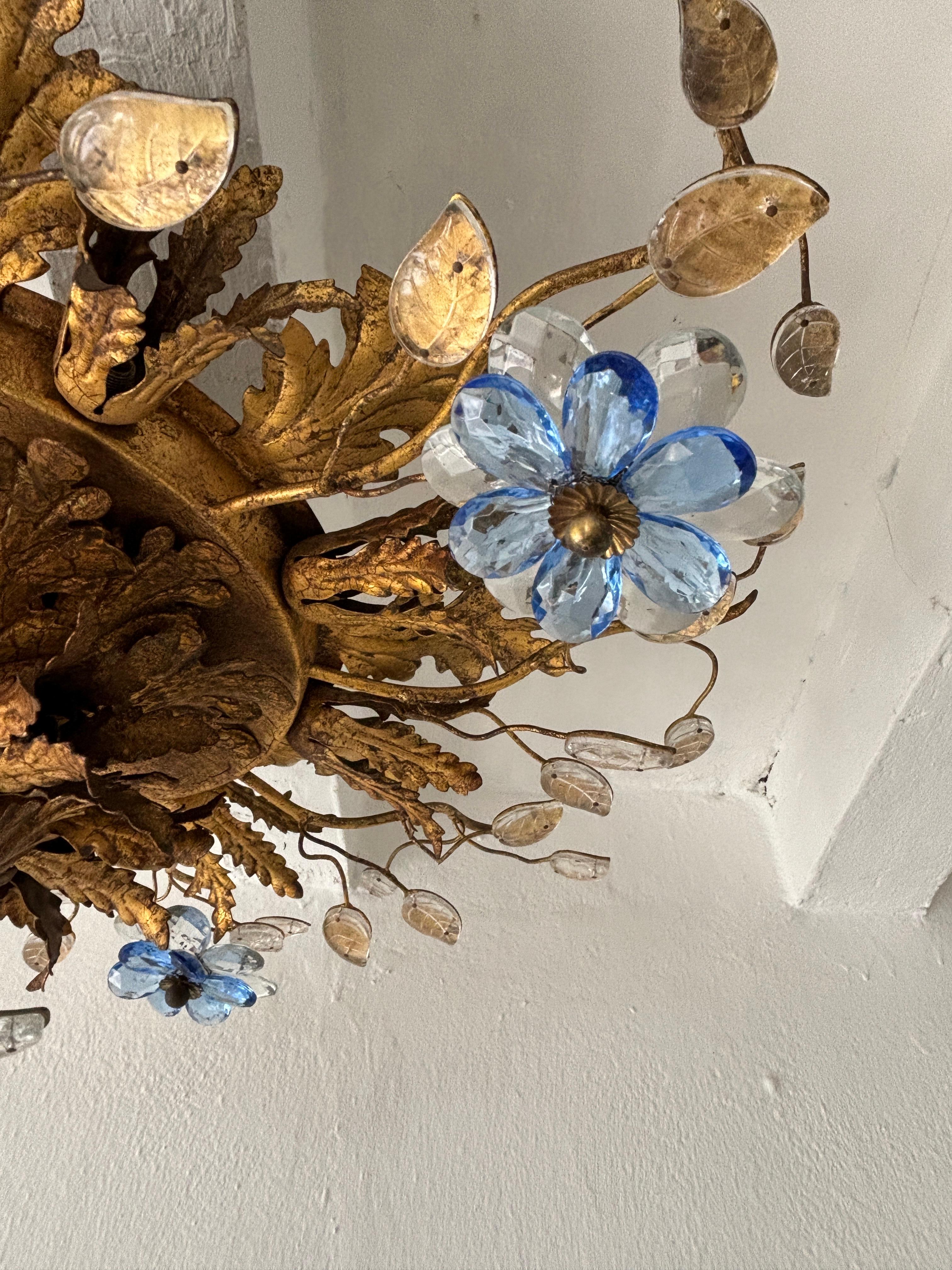 Flush Mount Maison Baguès Crystal Blue Flowers Leaves Chandelier 15 Light Signed For Sale 2