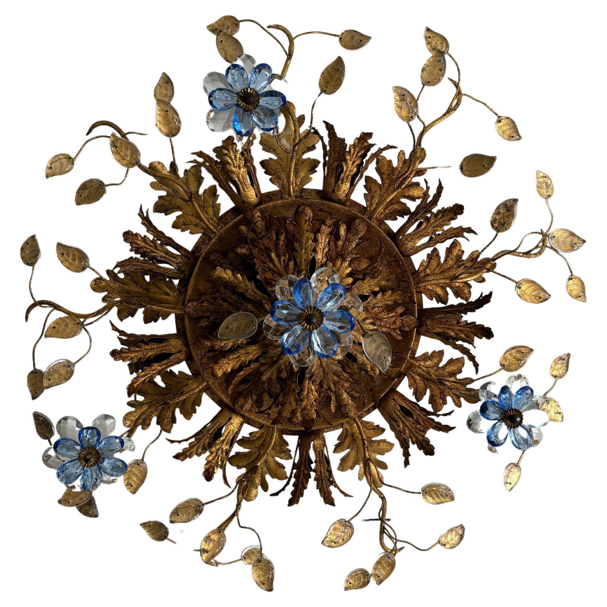 Flush Mount Maison Baguès Crystal Blue Flowers Leaves Chandelier 15 Light Signed For Sale