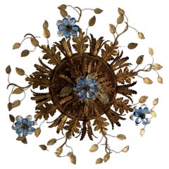 Vintage Flush Mount Maison Baguès Crystal Blue Flowers Leaves Chandelier 15 Light Signed