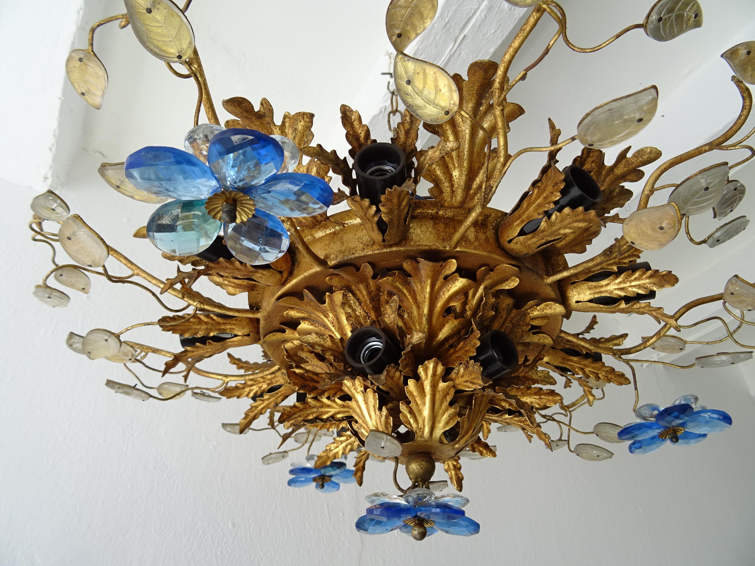 Flush Mount Maison Baguès Crystal Blue Flowers Leaves Chandelier 15 Lights In Good Condition In Modena (MO), Modena (Mo)