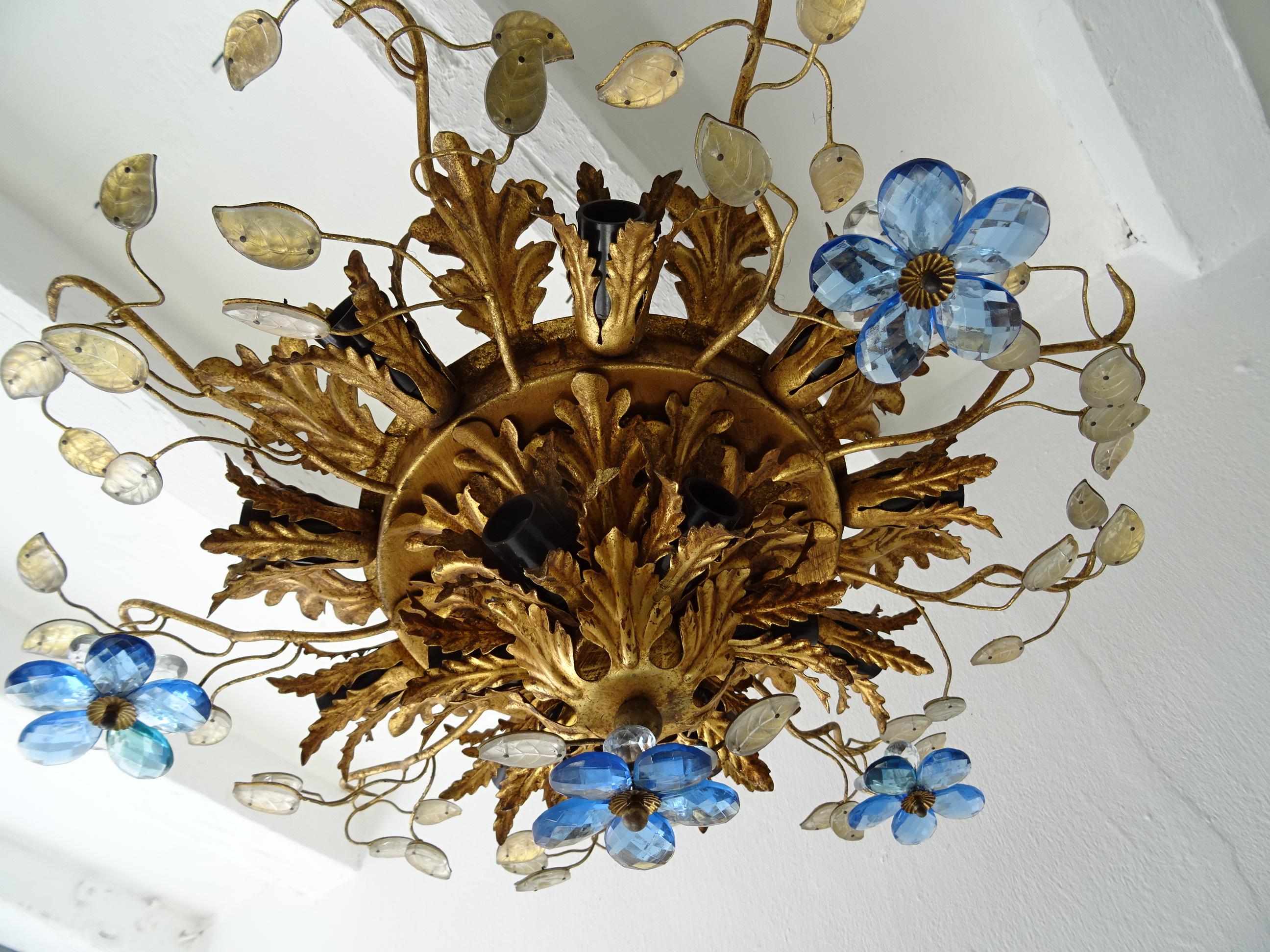 Flush Mount Maison Baguès Crystal Blue Flowers Leaves Chandelier 15 Lights 1