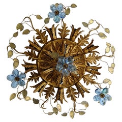 Flush Mount Maison Baguès Crystal Blue Flowers Leaves Chandelier 15 Lights