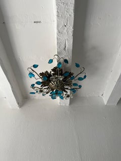Lustre affleurant Maison Baguès Cristal Bleu Fleurs Feuilles 6 Lumières C 1940