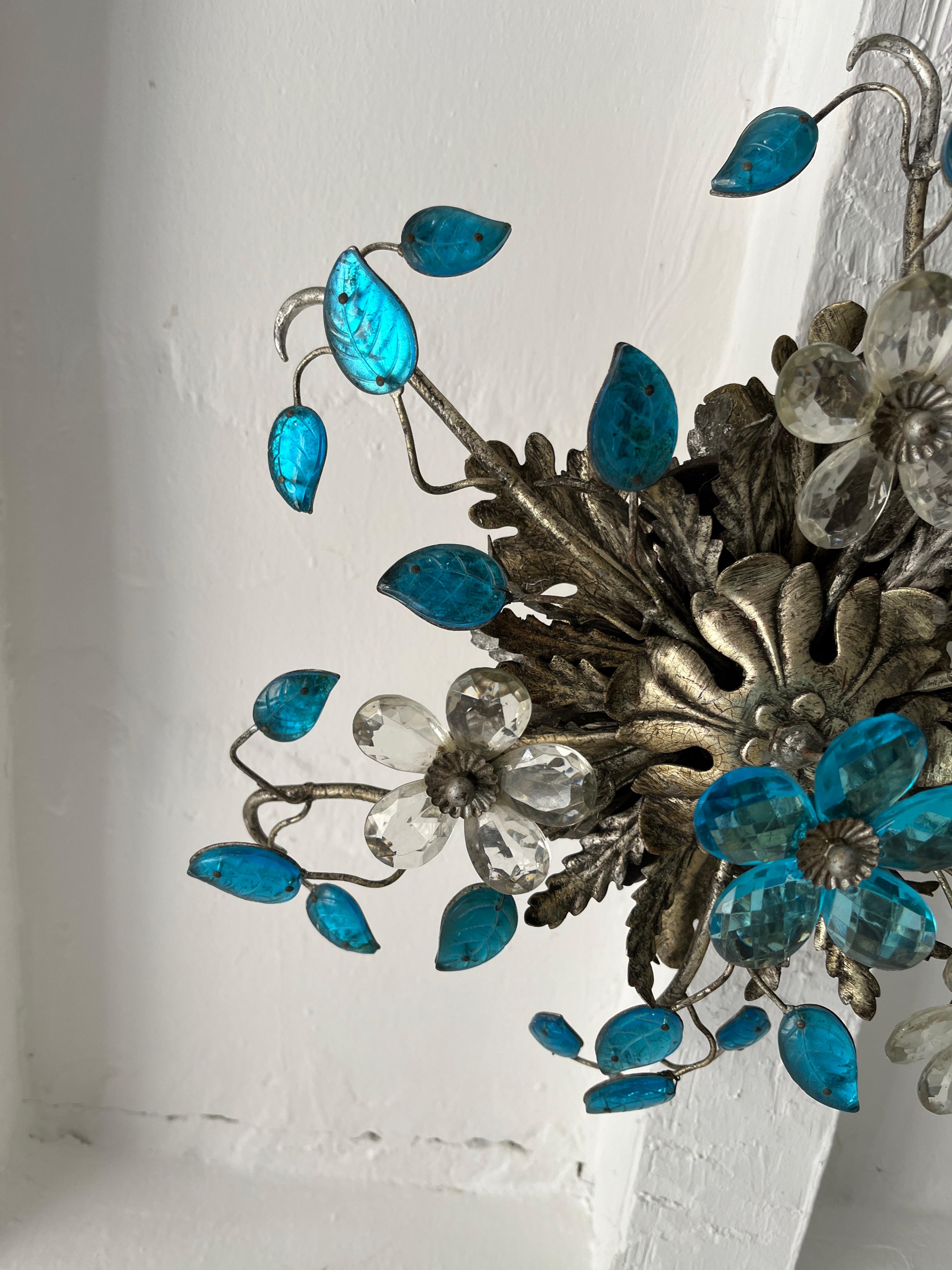 French Flush Mount Maison Baguès Crystal Blue Flowers Leaves Chandelier 6 Lights C 1940 For Sale