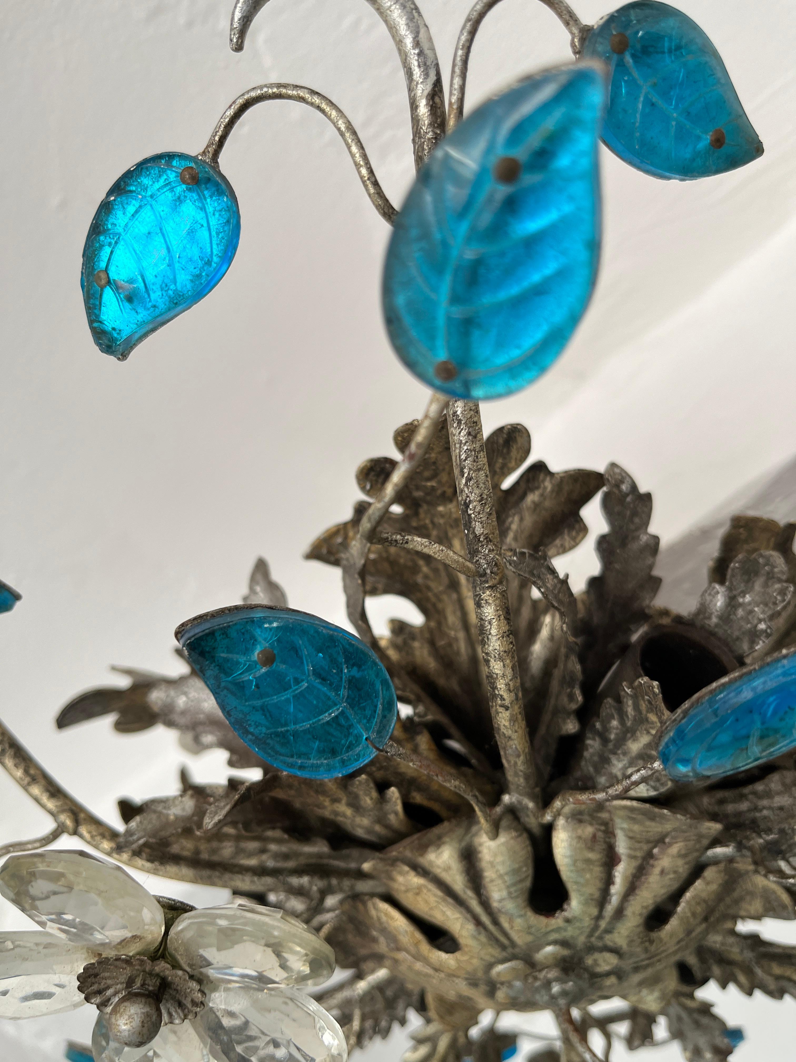 Mid-20th Century Flush Mount Maison Baguès Crystal Blue Flowers Leaves Chandelier 6 Lights C 1940 For Sale