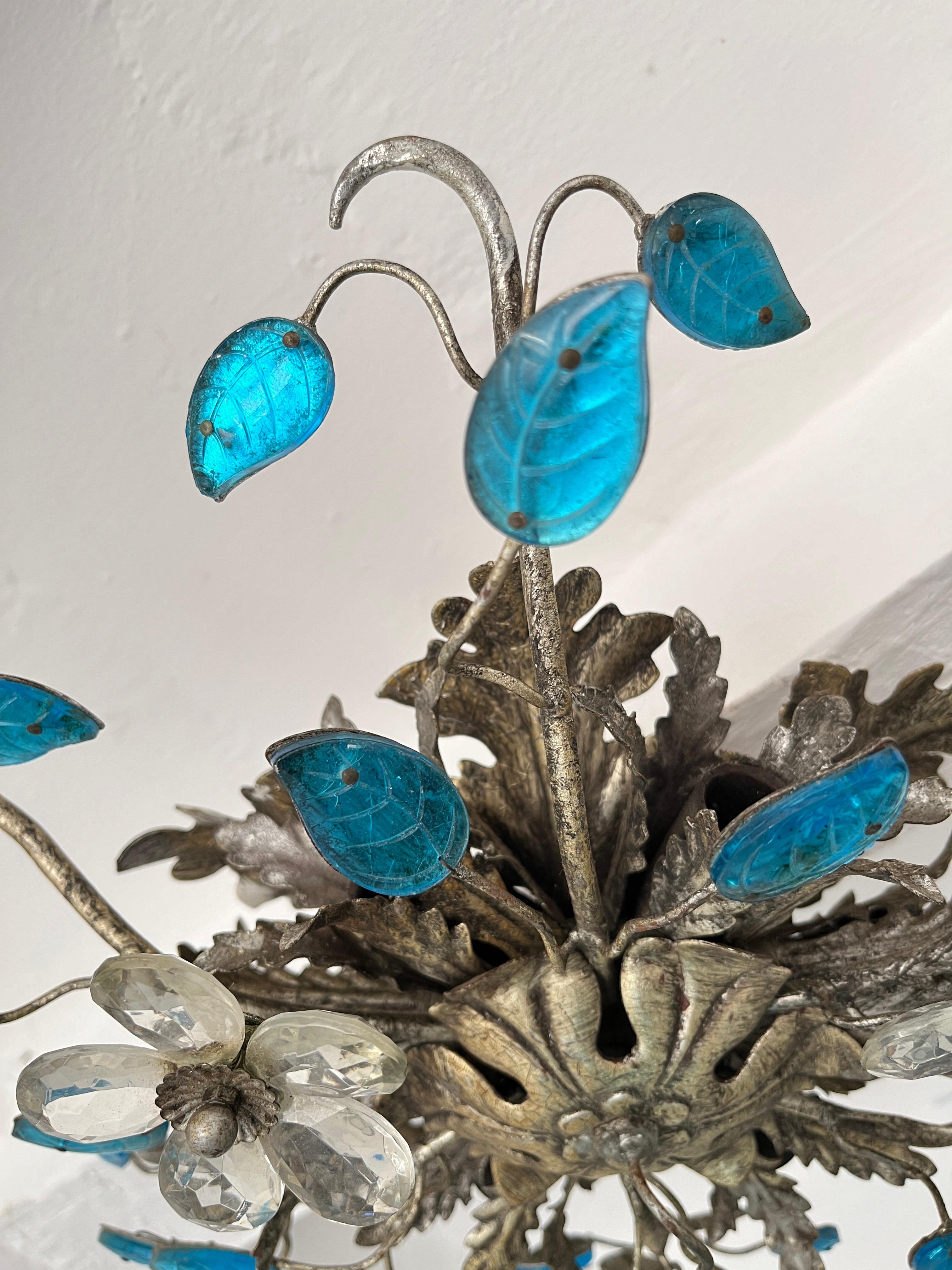 Flush Mount Maison Baguès Crystal Blue Flowers Leaves Chandelier 6 Lights C 1940 For Sale 1