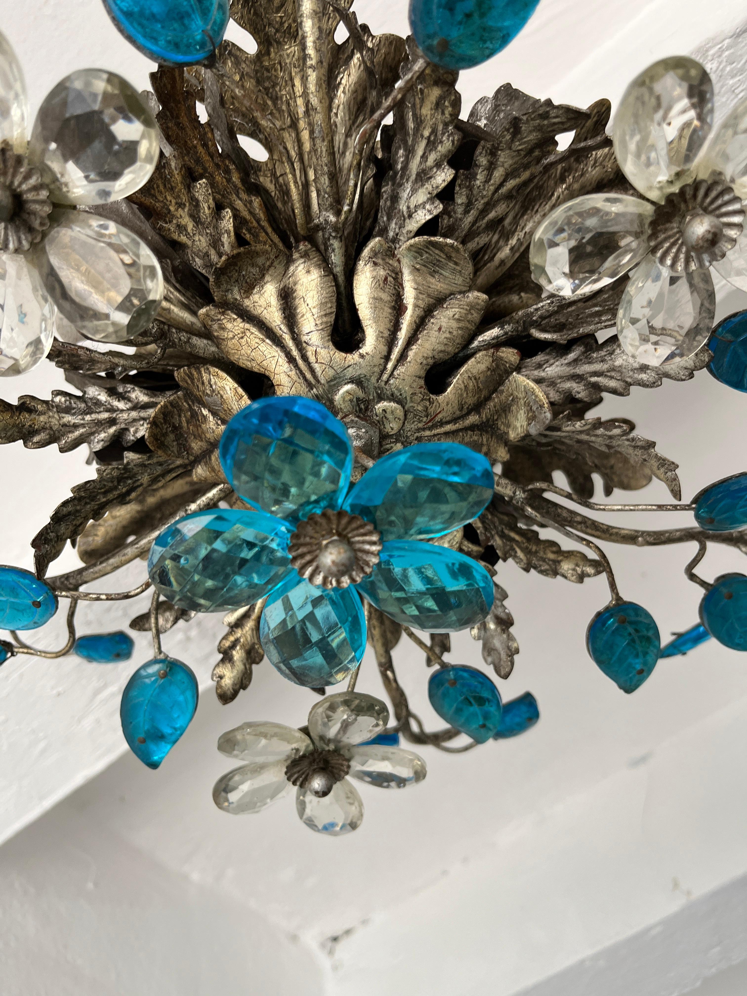 Flush Mount Maison Baguès Crystal Blue Flowers Leaves Chandelier 6 Lights C 1940 For Sale 2