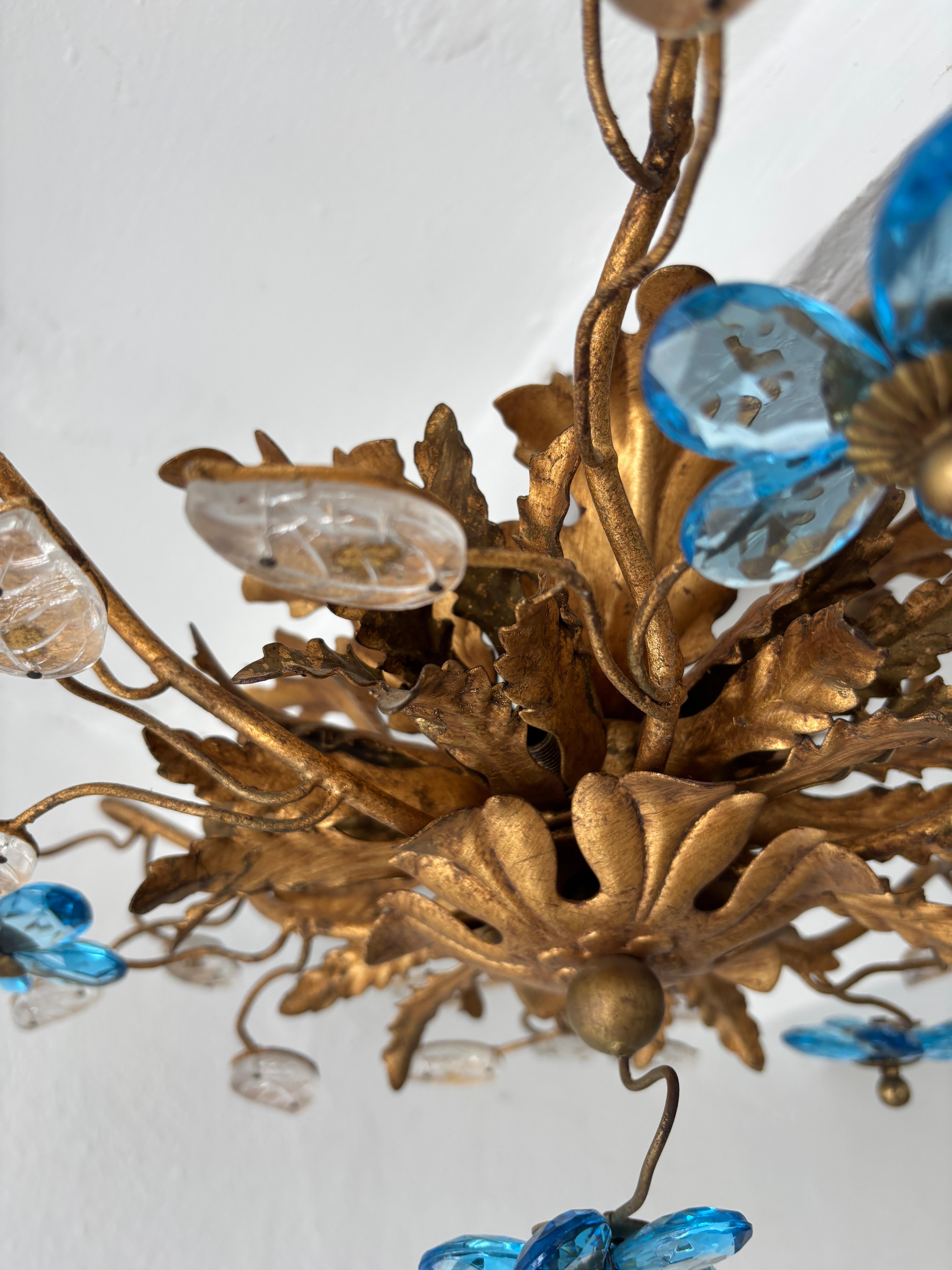Flush Mount Maison Baguès Crystal Blue Flowers Leaves Chandelier 6 Lights Signed For Sale 5