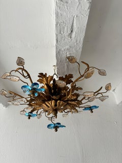 Flush Mount Maison Baguès Crystal Blue Flowers Leaves Chandelier 6 Lights Signed