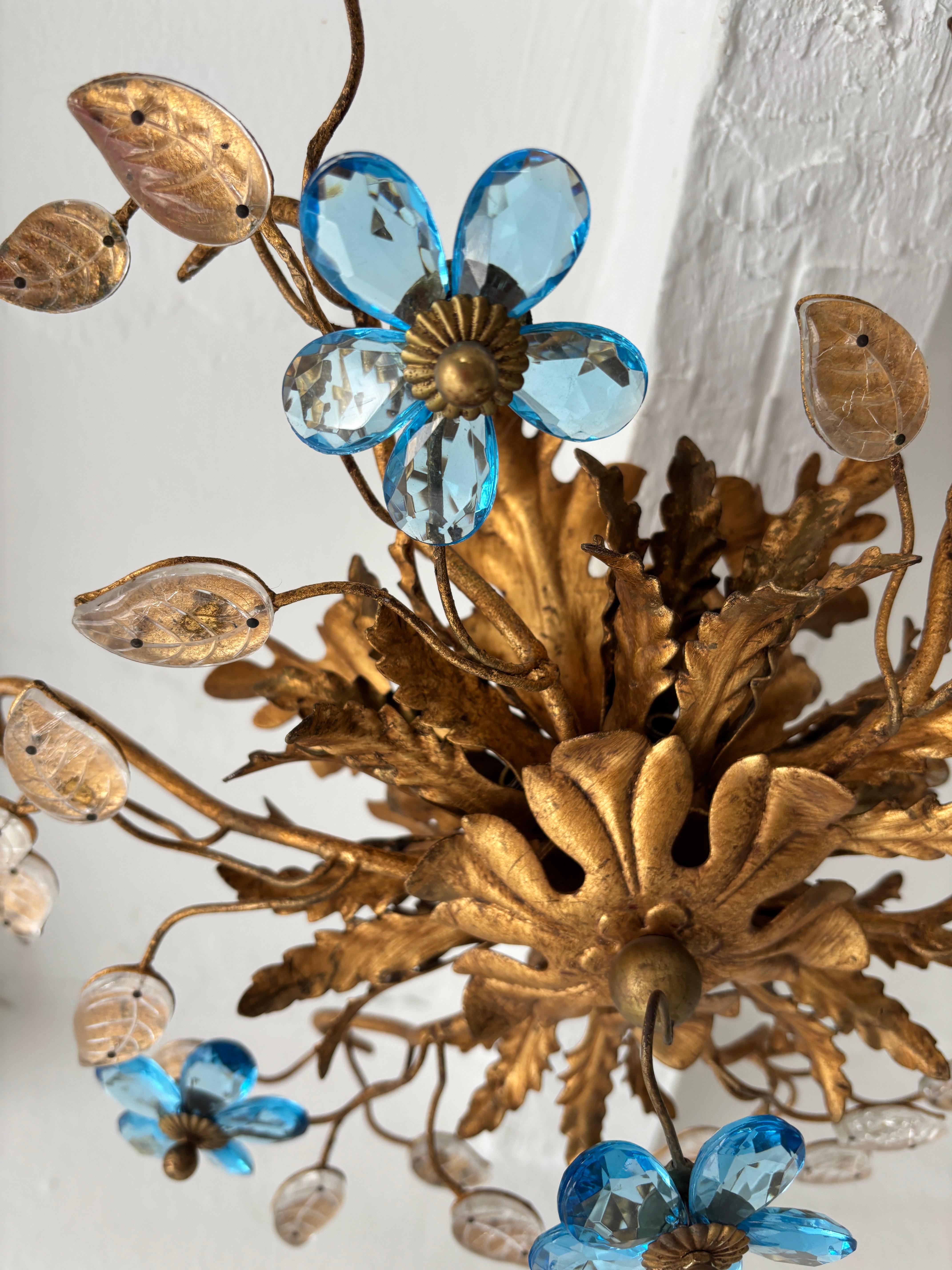 French Flush Mount Maison Baguès Crystal Blue Flowers Leaves Chandelier 6 Lights Signed For Sale