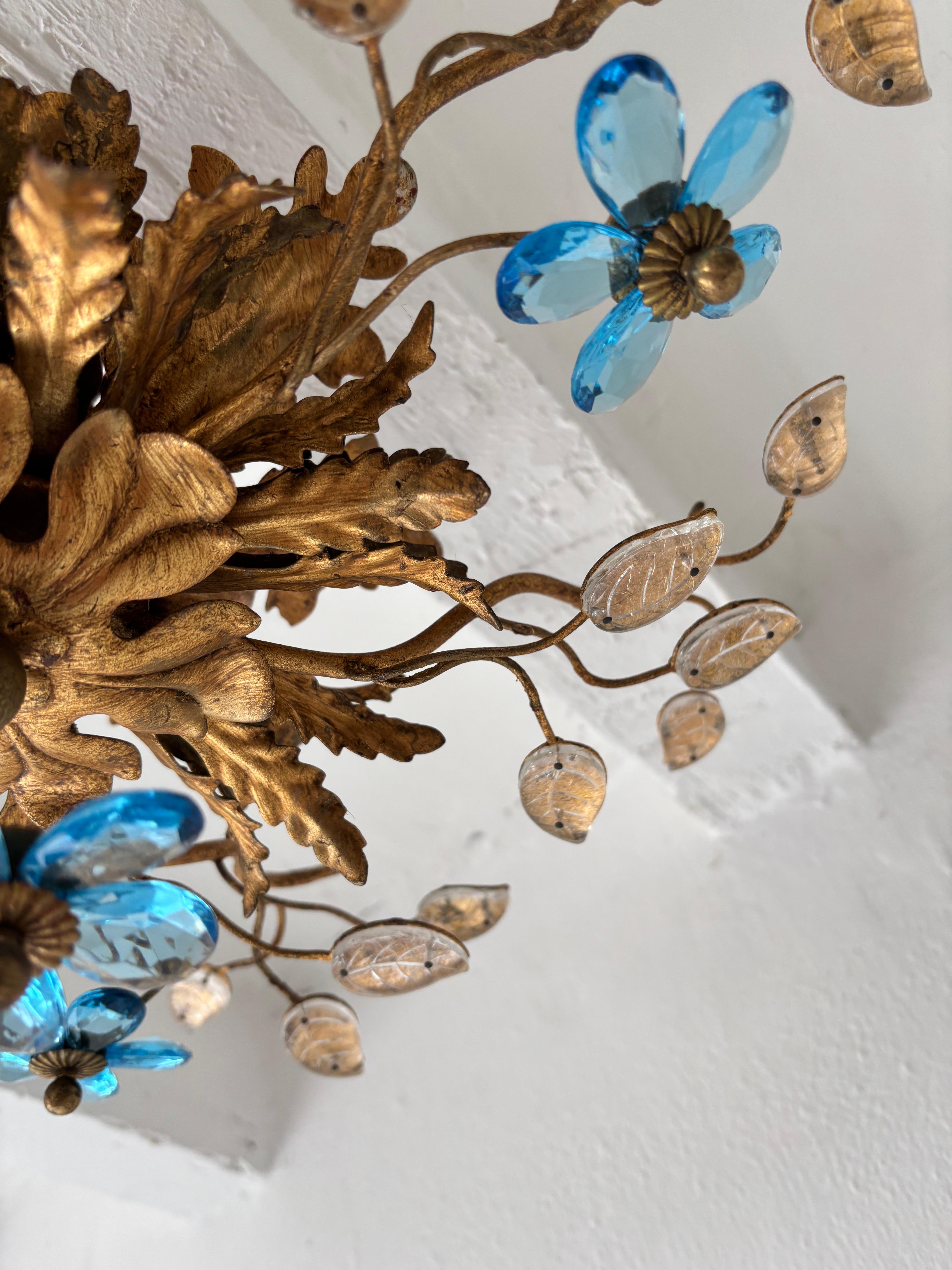 Flush Mount Maison Baguès Crystal Blue Flowers Leaves Chandelier 6 Lights Signed In Good Condition For Sale In Firenze, Toscana