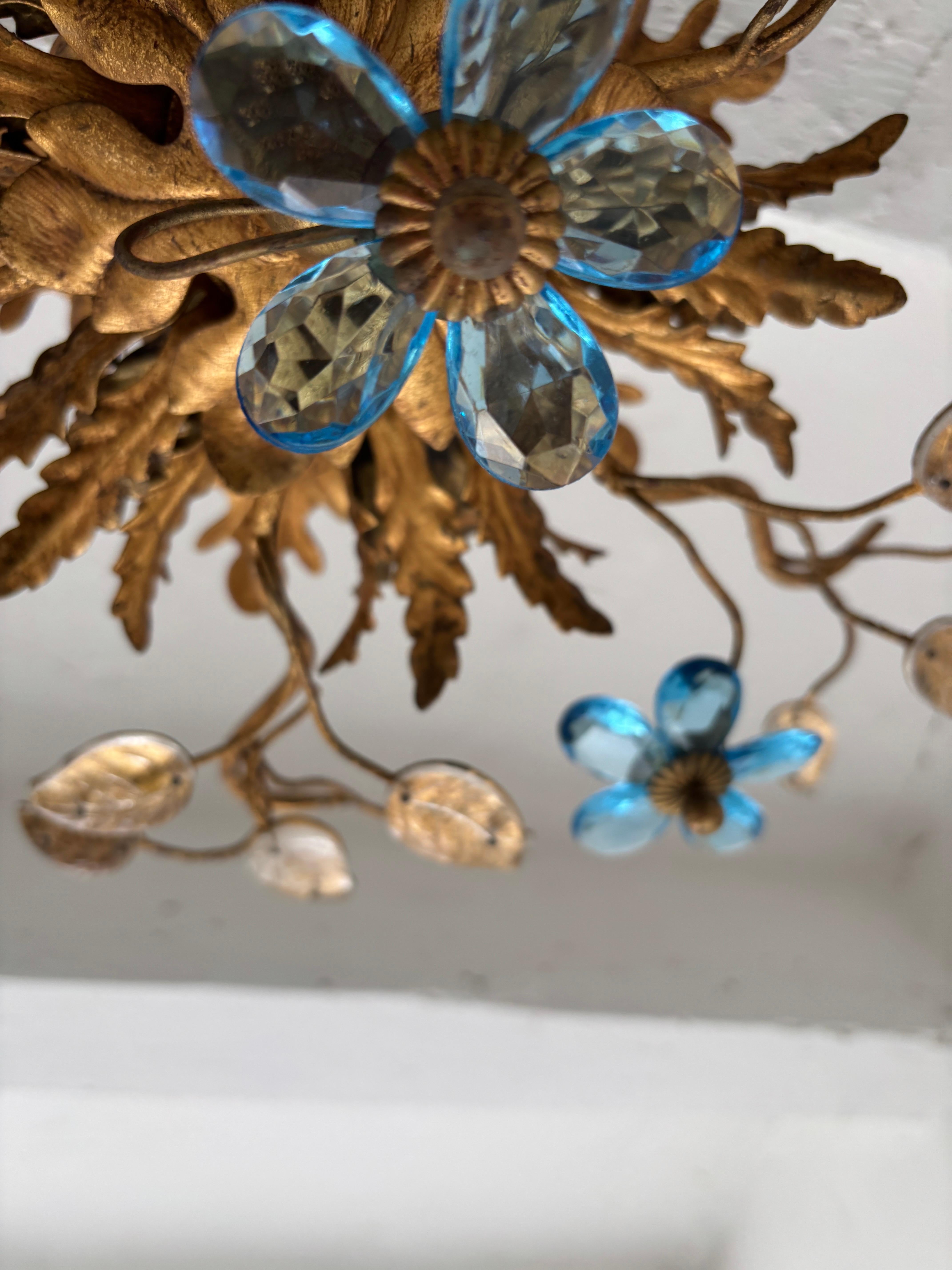 Mid-20th Century Flush Mount Maison Baguès Crystal Blue Flowers Leaves Chandelier 6 Lights Signed For Sale