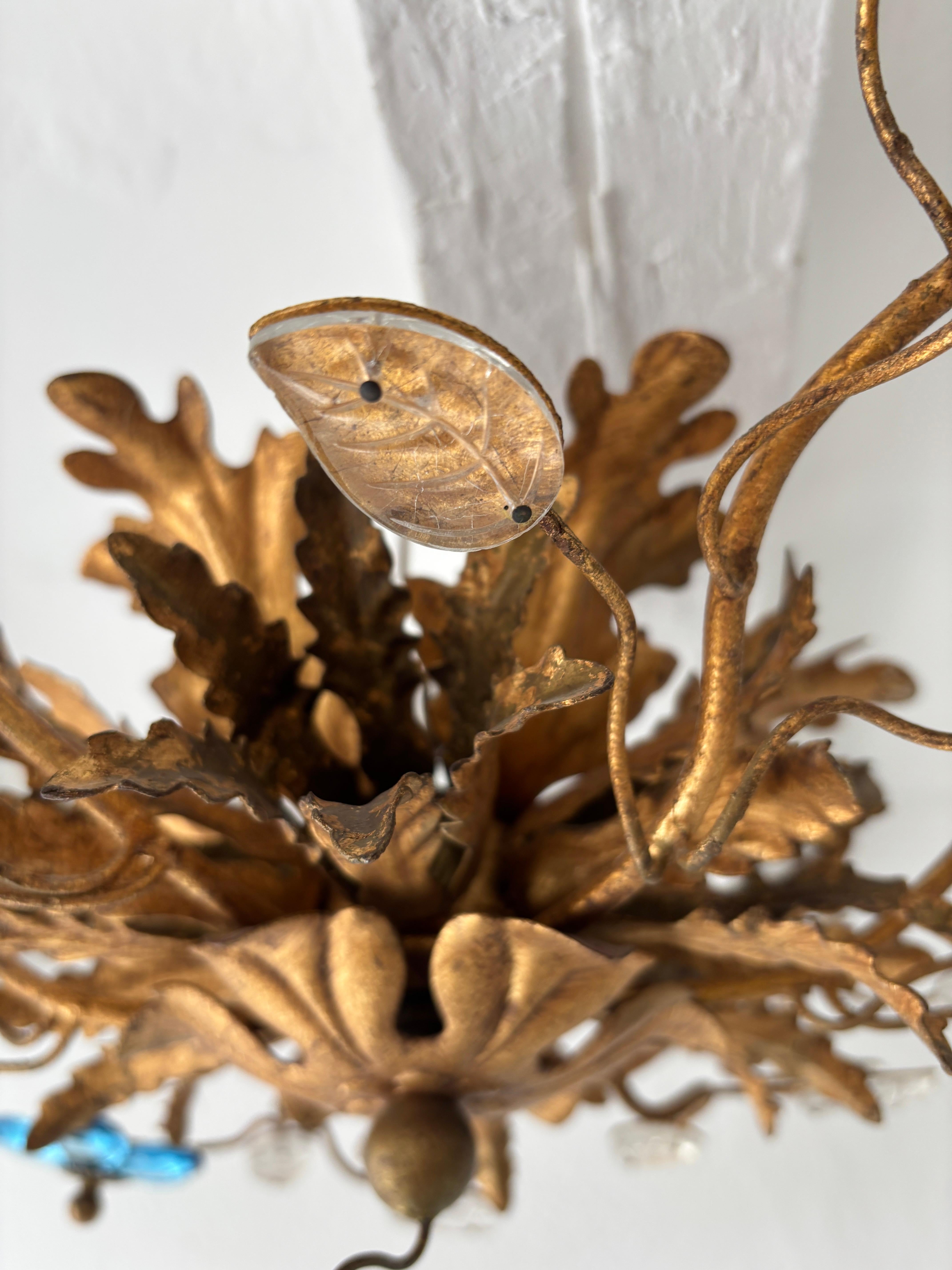Flush Mount Maison Baguès Crystal Blue Flowers Leaves Chandelier 6 Lights Signed For Sale 1