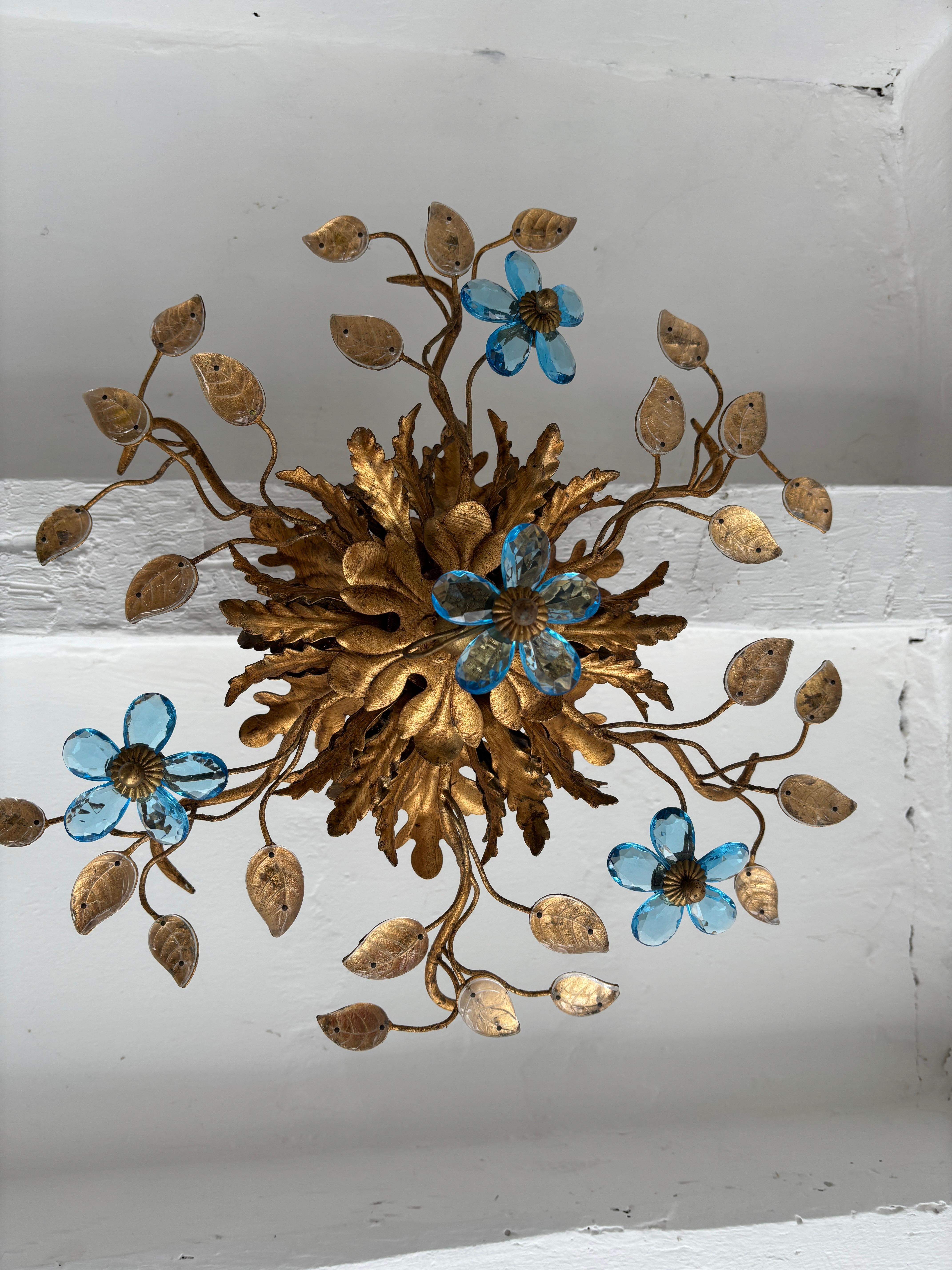 Flush Mount Maison Baguès Crystal Blue Flowers Leaves Chandelier 6 Lights Signed For Sale 4
