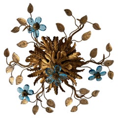 Flush Mount Maison Baguès Crystal Blue Flowers Leaves Chandelier 6 Lights Signed