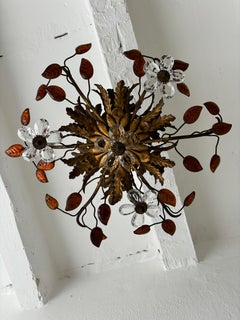 Lustre affleurant Maison Baguès Crystal Flowers Amber Leaves 6 Light C 1940