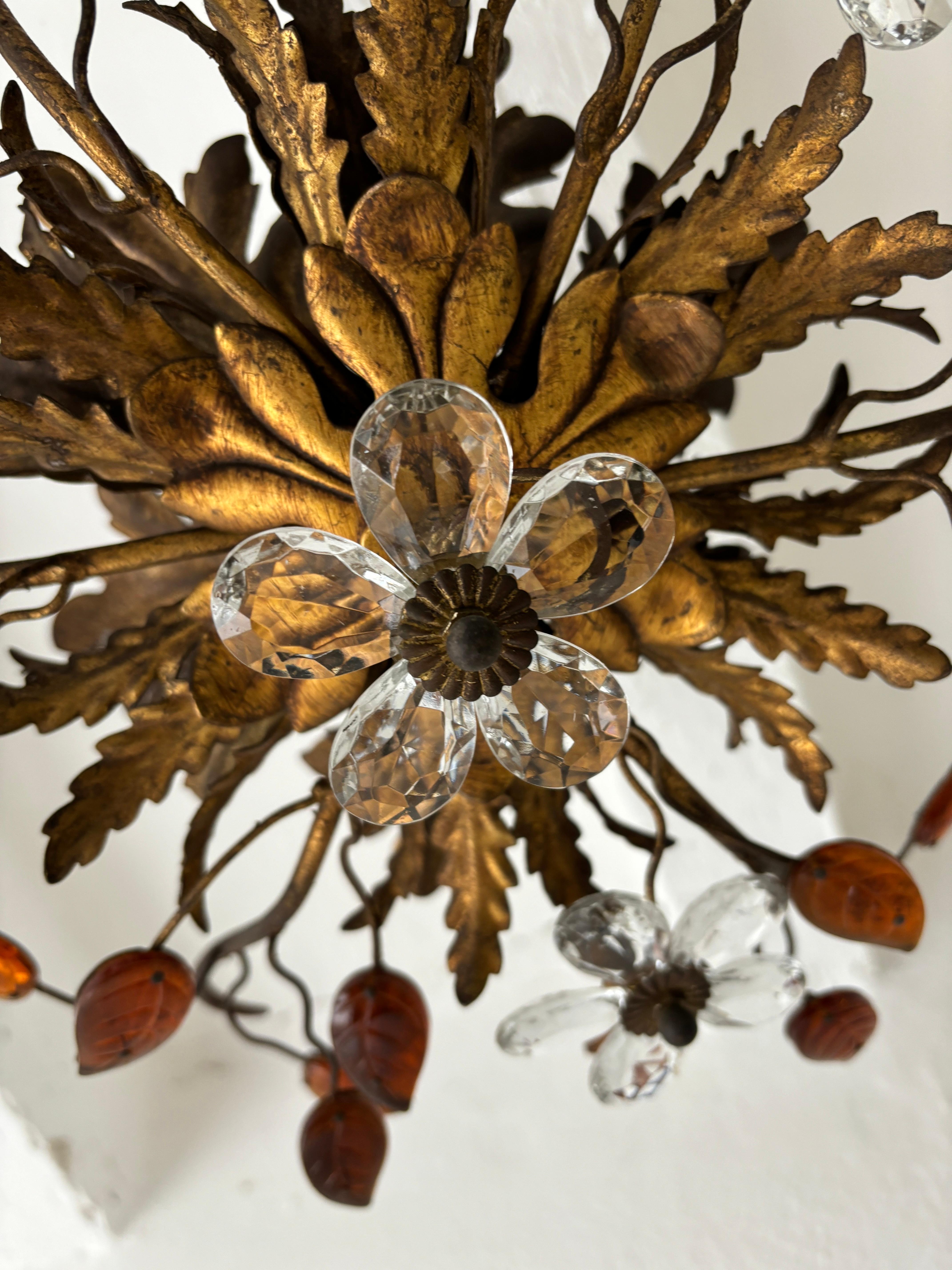 Flush Mount Maison Baguès Crystal Flowers Amber Leaves Chandelier 6 Light C 1940 For Sale 2