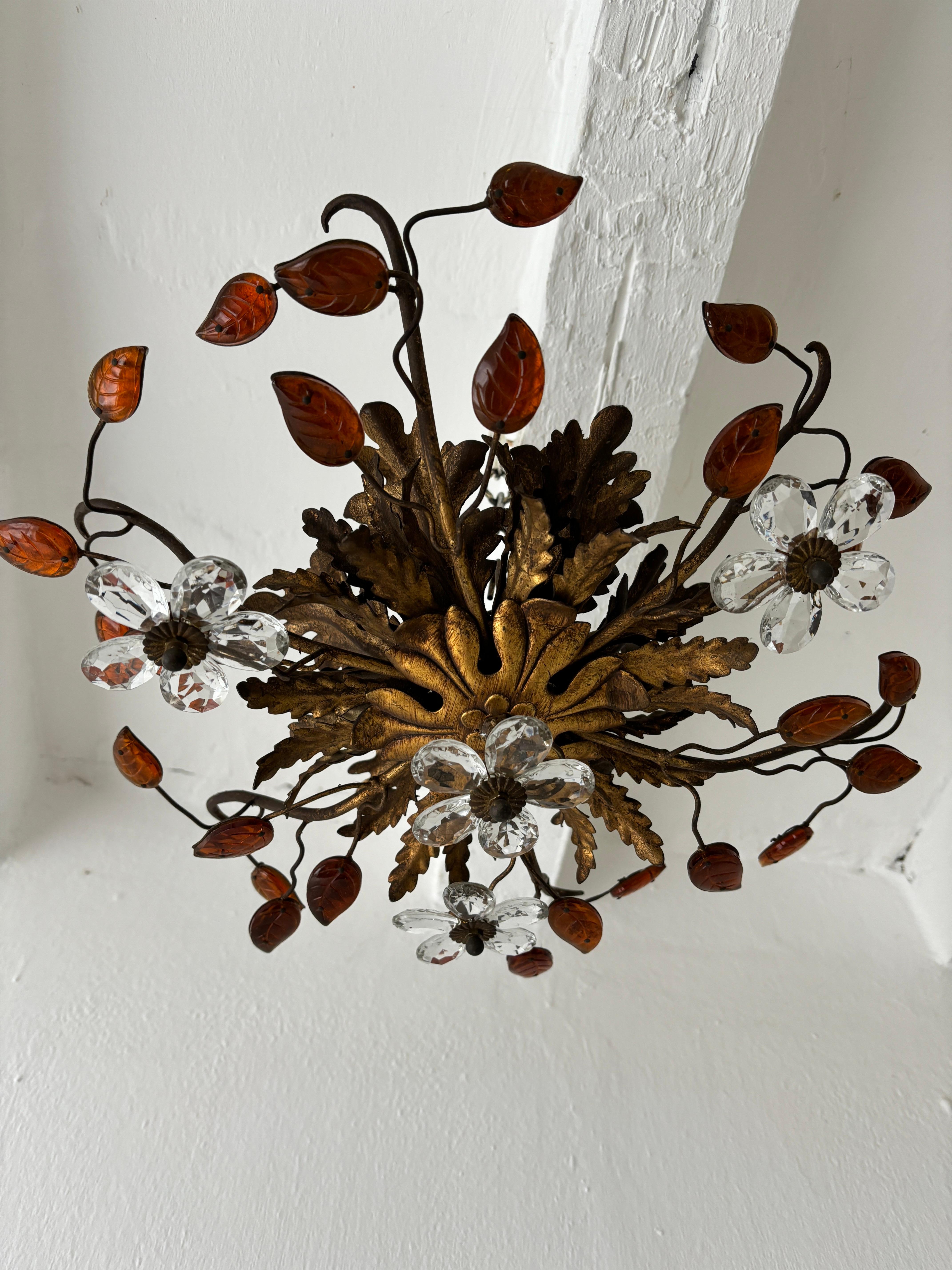 Flush Mount Maison Baguès Crystal Flowers Amber Leaves Chandelier 6 Light C 1940 For Sale 3