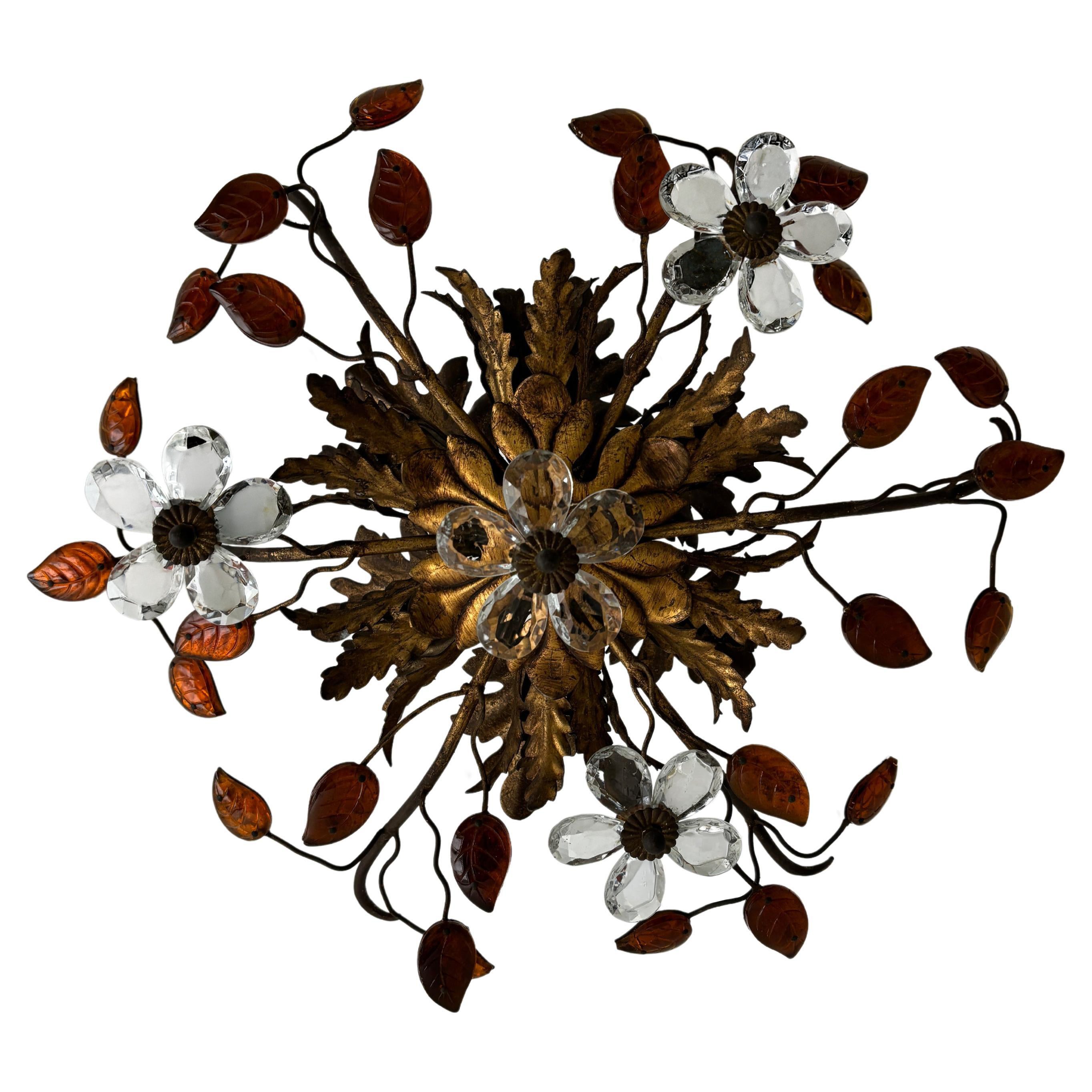 Flush Mount Maison Baguès Crystal Flowers Amber Leaves Chandelier 6 Light C 1940