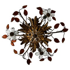 Flush Mount Maison Baguès Crystal Flowers Amber Leaves Chandelier 6 Light C 1940