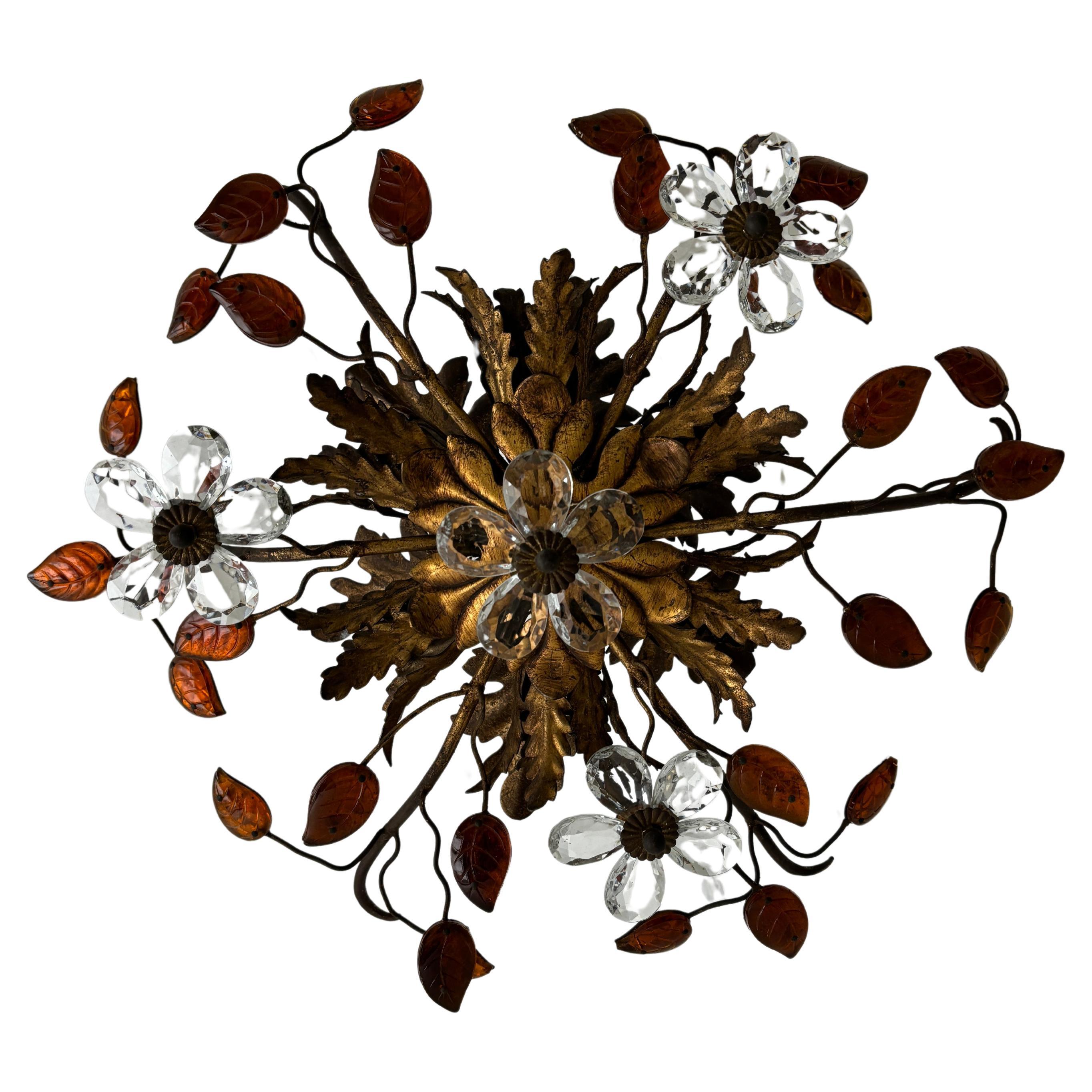 Flush Mount Maison Baguès Crystal Flowers Amber Leaves Chandelier 6 Light C 1940 For Sale