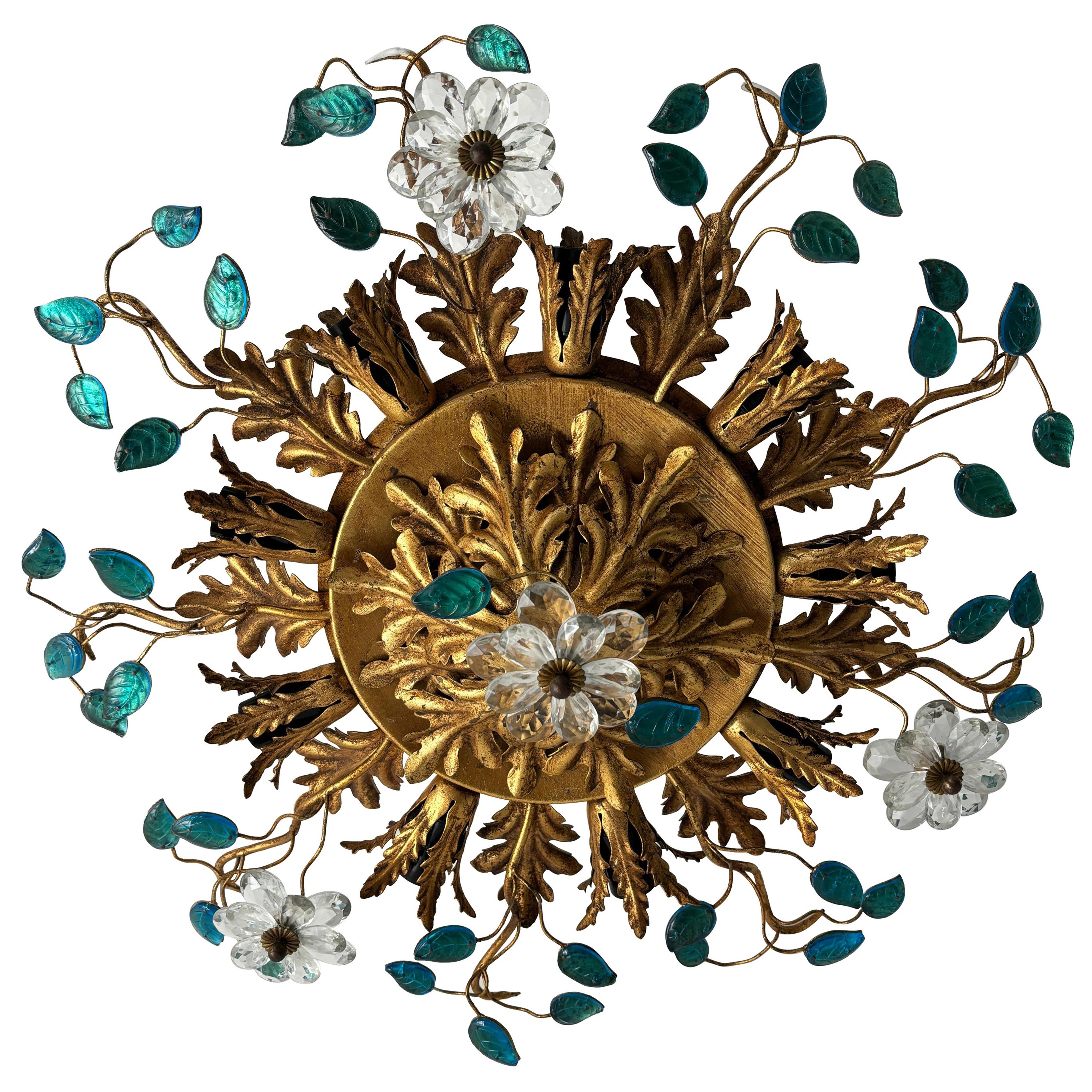Flush Mount Maison Baguès Kristall Blumen Blaue Blätter Kronleuchter 9 Light C 1940