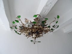 Flush Mount Maison Baguès Crystal Flowers Green Leaves Chandelier 15 Lights
